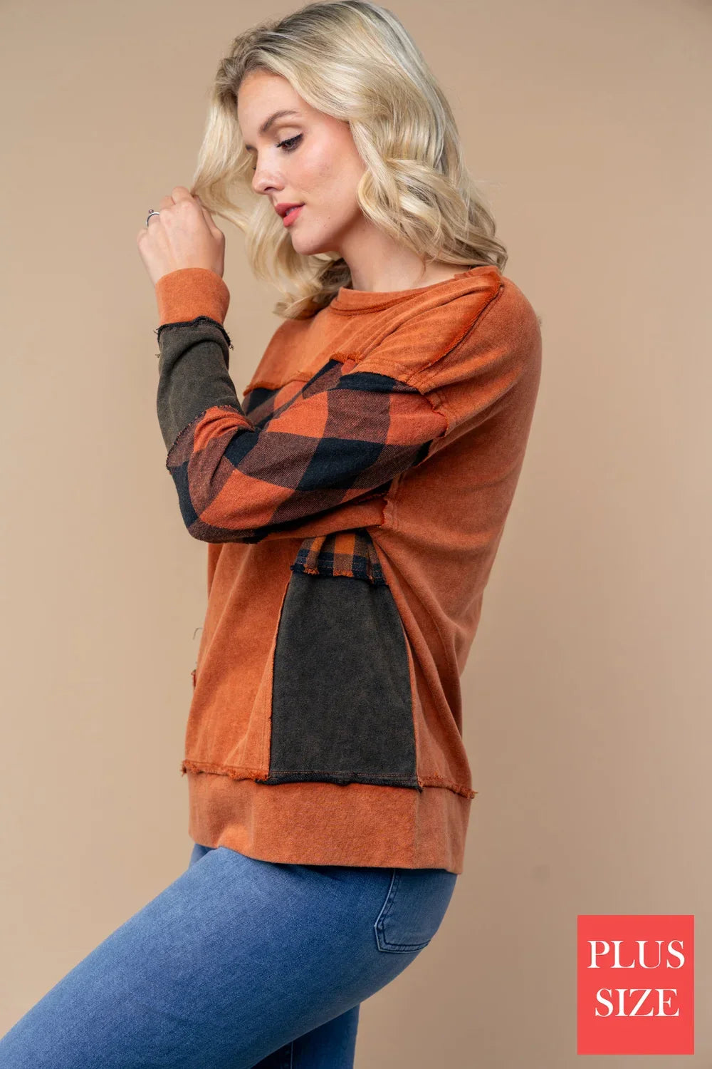 Plus Size Buffalo Plaid Color Block Pullover Sweatshirt Rust Orange Casual Top - Tasha Apparel Wholesale