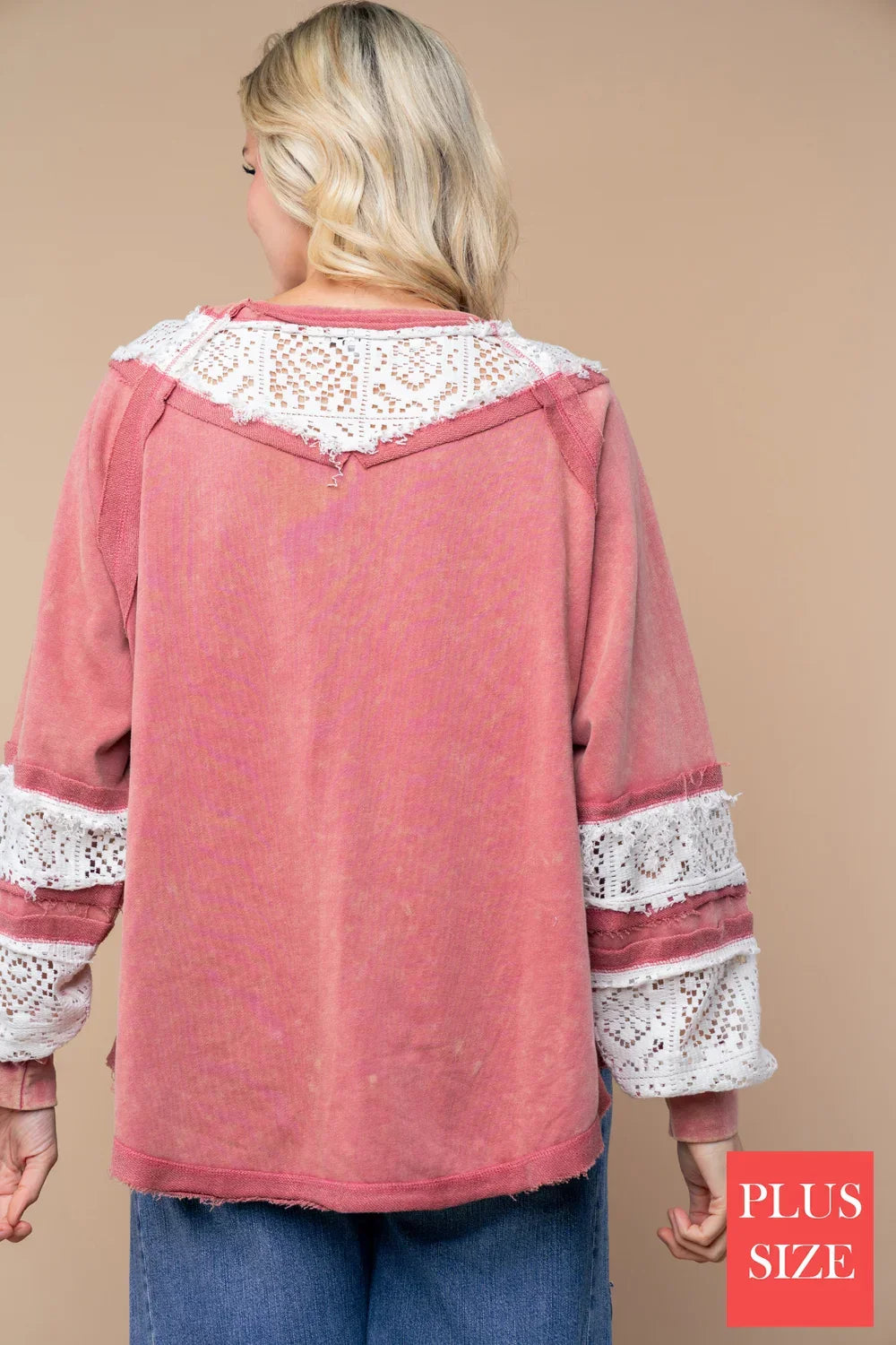 Plus Size Mineral Wash Crochet Lace Trim Marsala Boho Casual Pullover Top - Tasha Apparel Wholesale