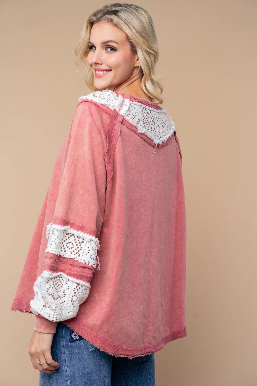 Marsala Pink White Crochet Lace Trim Boho Relaxed Fit Long Sleeve Pullover Top - Tasha Apparel Wholesale
