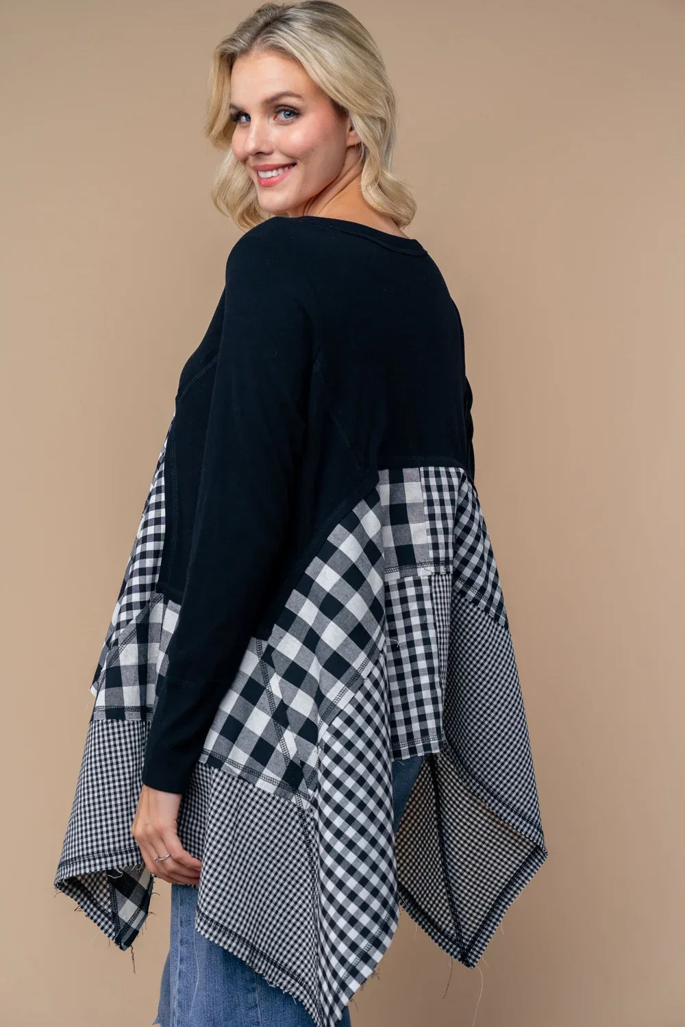 Mixed Gingham Plaid Asymmetrical Hem Color Block Long Sleeve Tunic Top - Tasha Apparel Wholesale