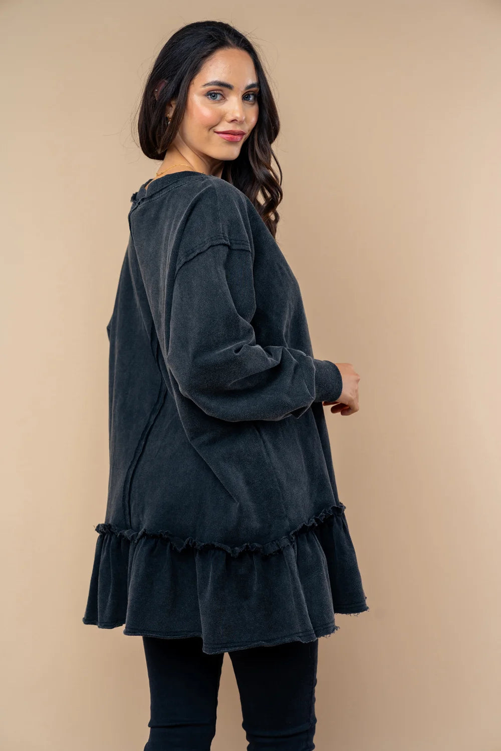 Wash Ruffle Hem Oversized Relaxed Fit Boutique Tunic Top