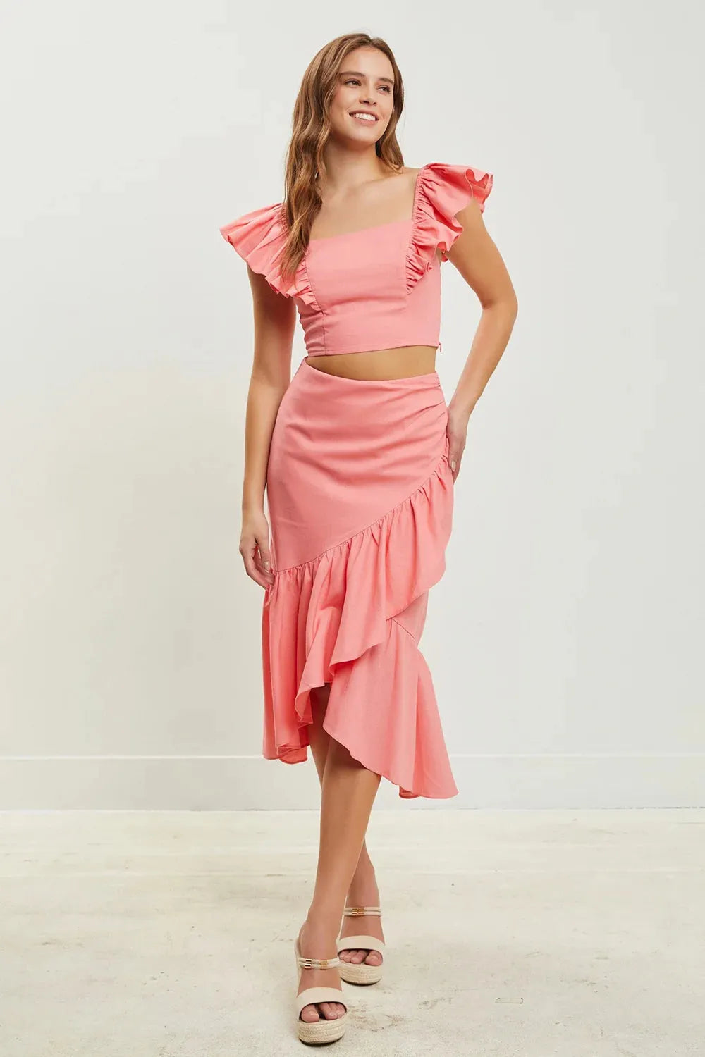 Ruffle Asymmetric Wrap Midi Skirt - Tasha Apparel Wholesale