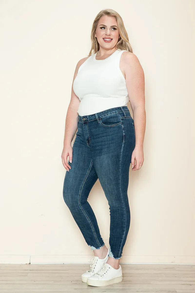 Plus Size Medium Wash High Rise Frayed Hem Stretch Skinny Jeans - Tasha Apparel Wholesale