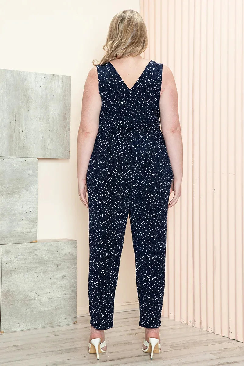 Plus Size Star Print Sleeveless Side Pockets V-Neck Elastic Waist Jumpsuit - Tasha Apparel Wholesale