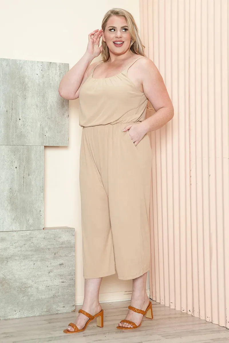 Plus Size Spaghetti Strap Elastic Waist Pockets Wide Leg Jumpsuit - Tasha Apparel Wholesale