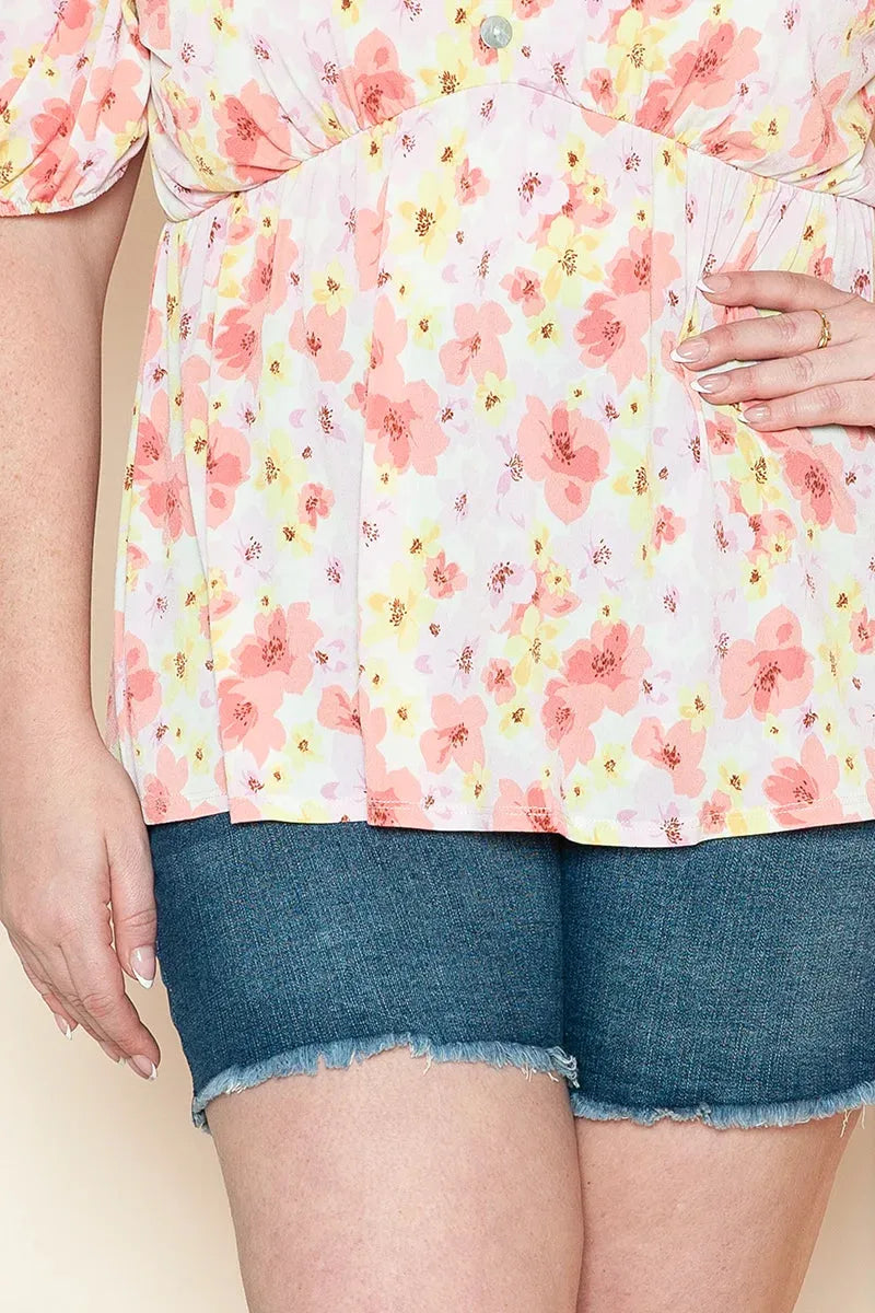 Plus Size Floral Print Puff Sleeve Strapless Sweetheart Neck Top - Tasha Apparel Wholesale