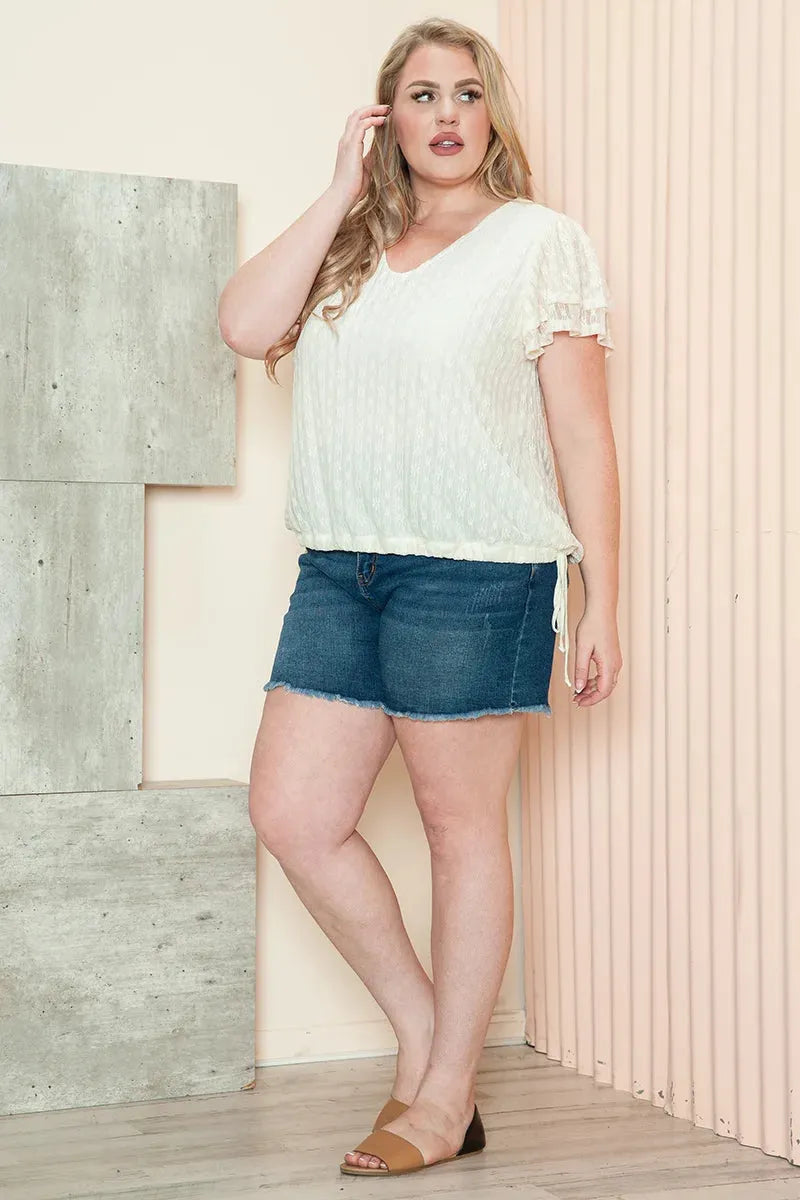 Plus Size Ivory Textured Ruffle Sleeve Drawstring Hem Top - Tasha Apparel Wholesale
