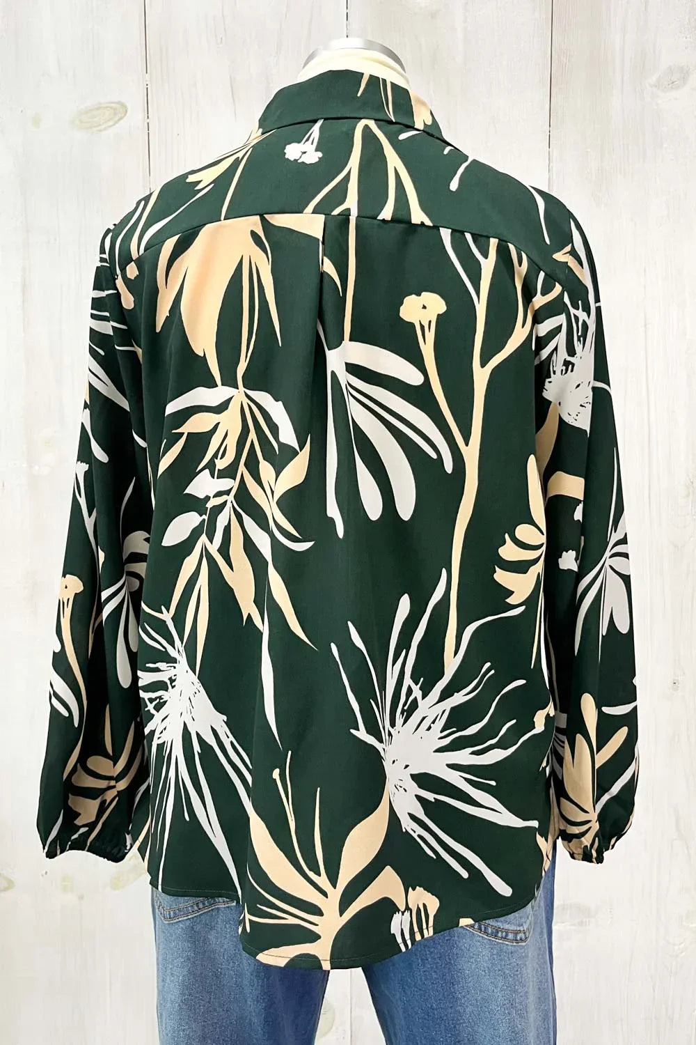 Plus Size Forest Green Tropical Botanical Print Button Down Long Sleeve Blouse