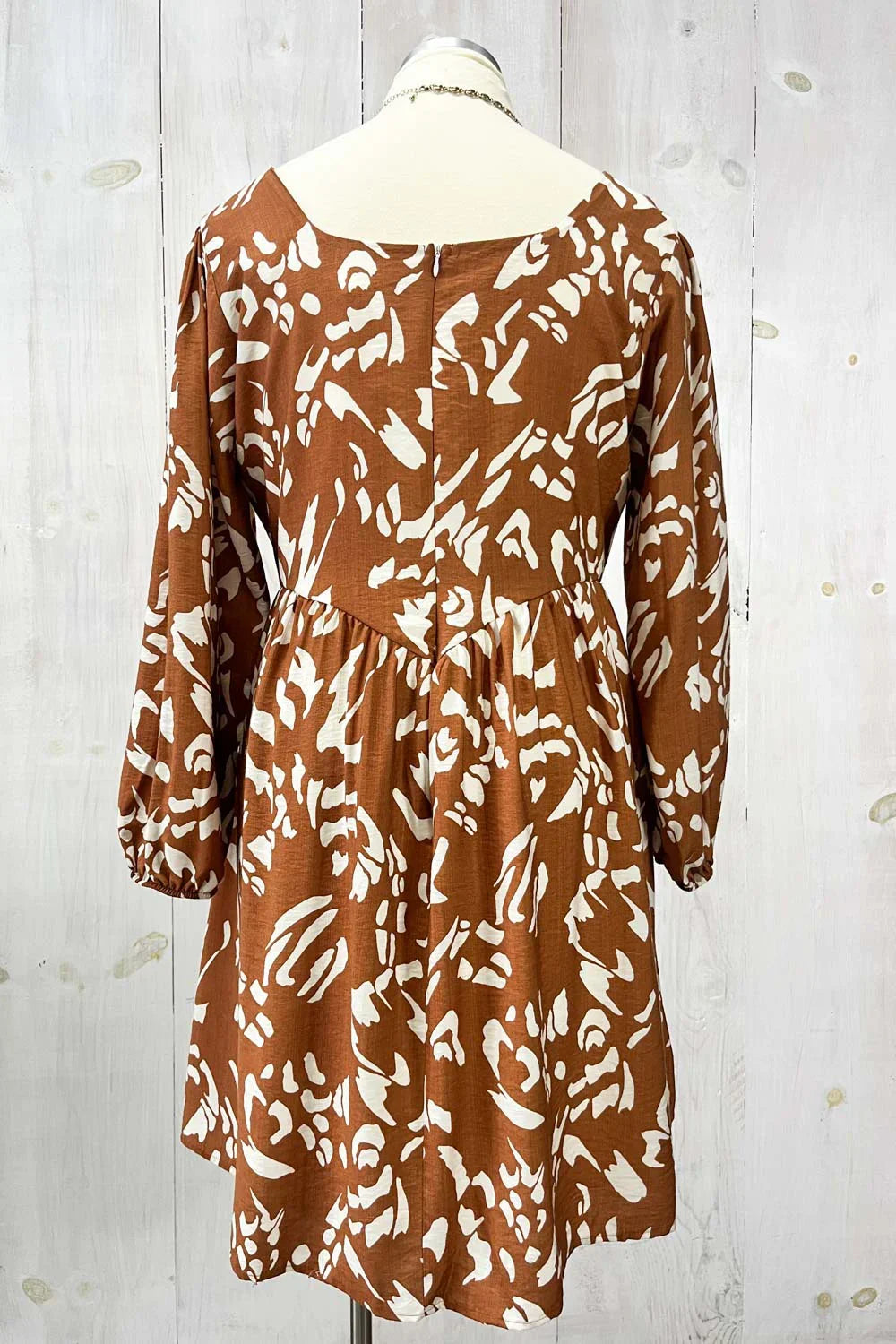 Plus Size Rust Brown Abstract Print Long Sleeve Empire Waist Boho Mini Dress