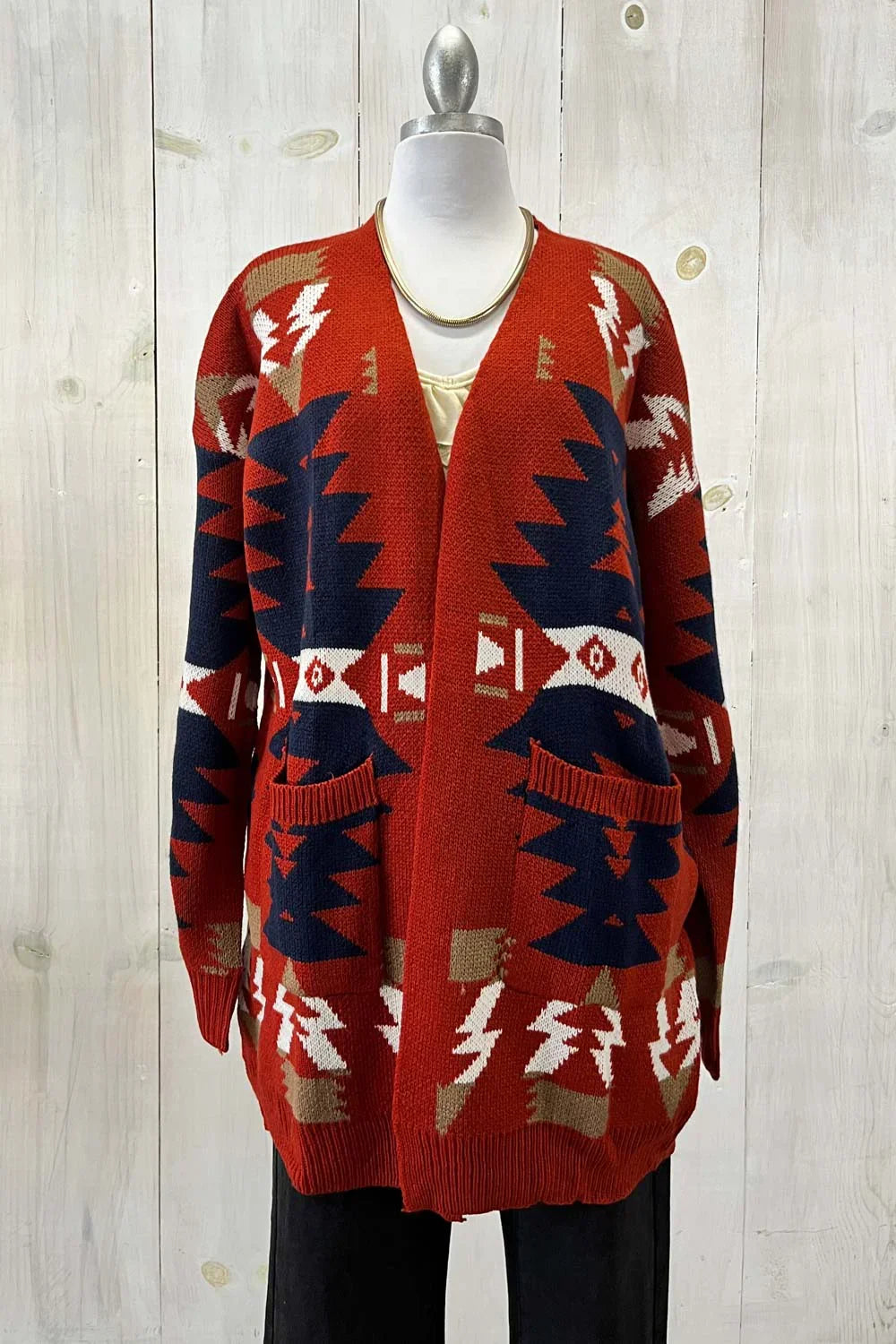 Aztec Print Open Front Long Sleeve Geometric Tribal Western Cardigan S