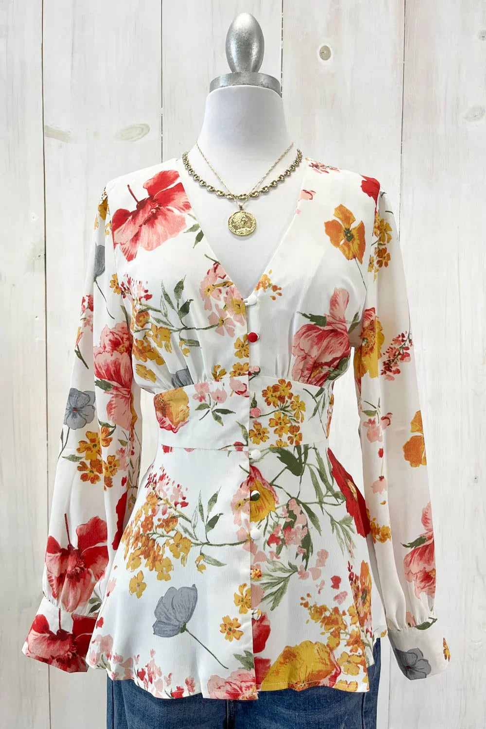 White Floral Print Peplum Top Long Sleeve V-Neck Button Front Blouse
