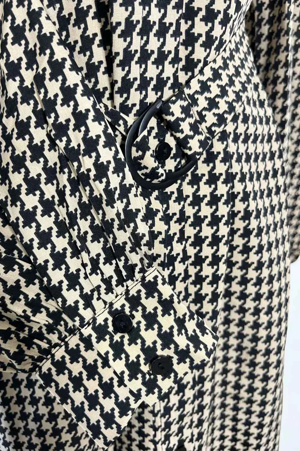 Houndstooth Print with Belt Cold Shoulder Long Sleeve Midi Shirt Dress