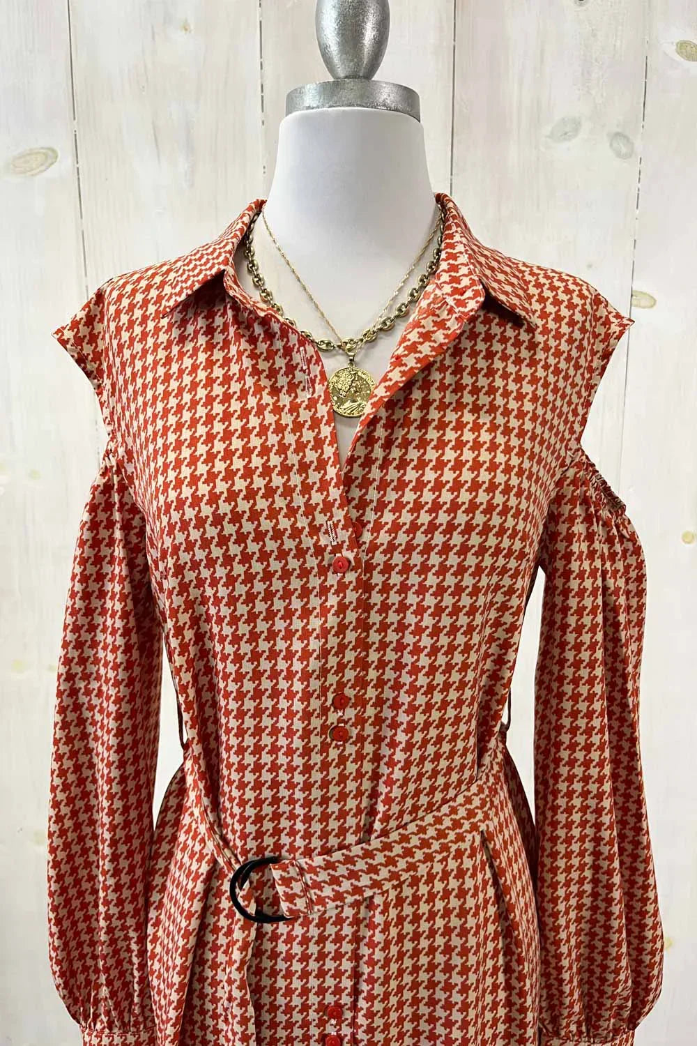 Houndstooth Print with Belt Cold Shoulder Long Sleeve Midi Maxi Shirt Dress - Tasha Apparel Wholesale
