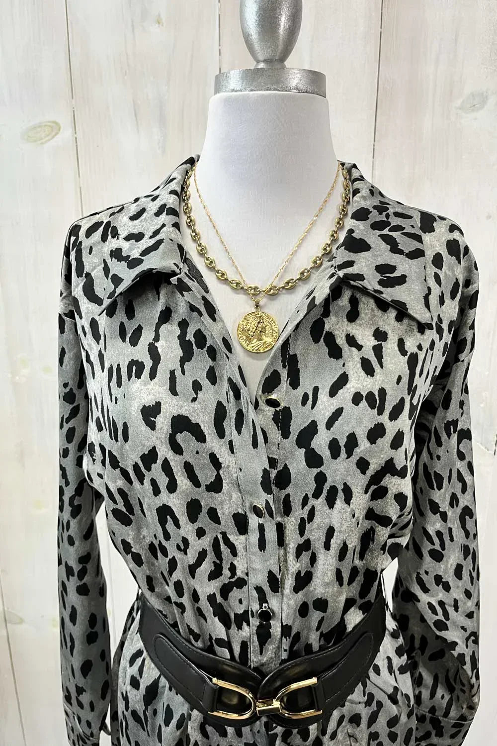 Leopard Print Satin Jumpsuit Long Sleeve Button Front Wide Leg Boutique Jumpsuit