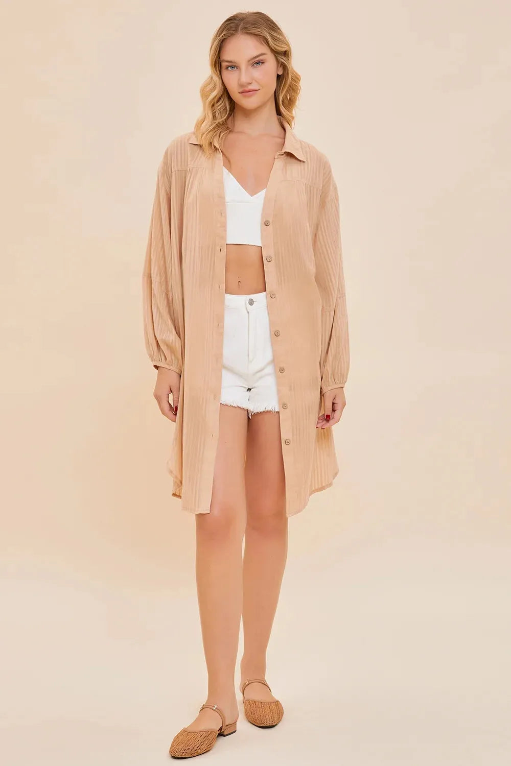 Striped Pattern Long Sleeve Oversized Cover Up Shirt - Tasha Apparel Wholesale