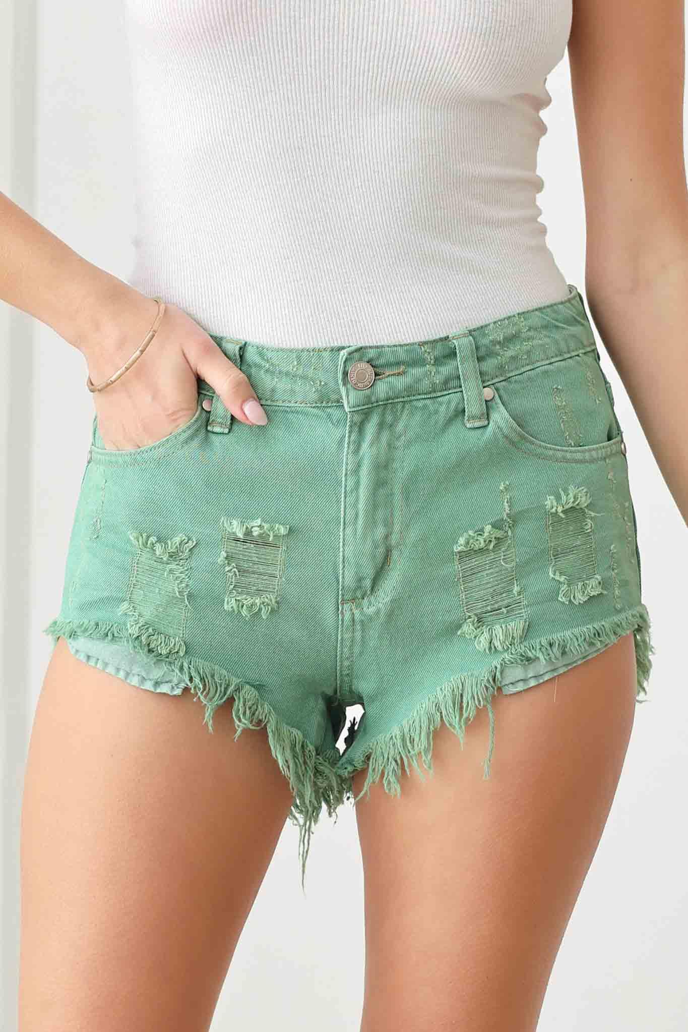 Destroyed Frayed Hem Front Pocket Denim Shorts - Tasha Apparel Wholesale