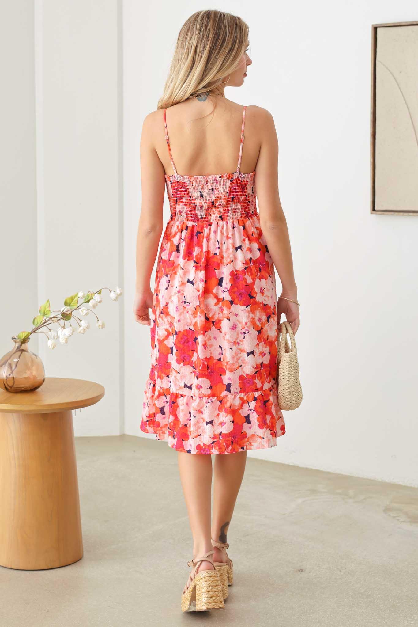 Floral Twist Front Smocked Back Ruffle Hem Midi Dress - Tasha Apparel Wholesale