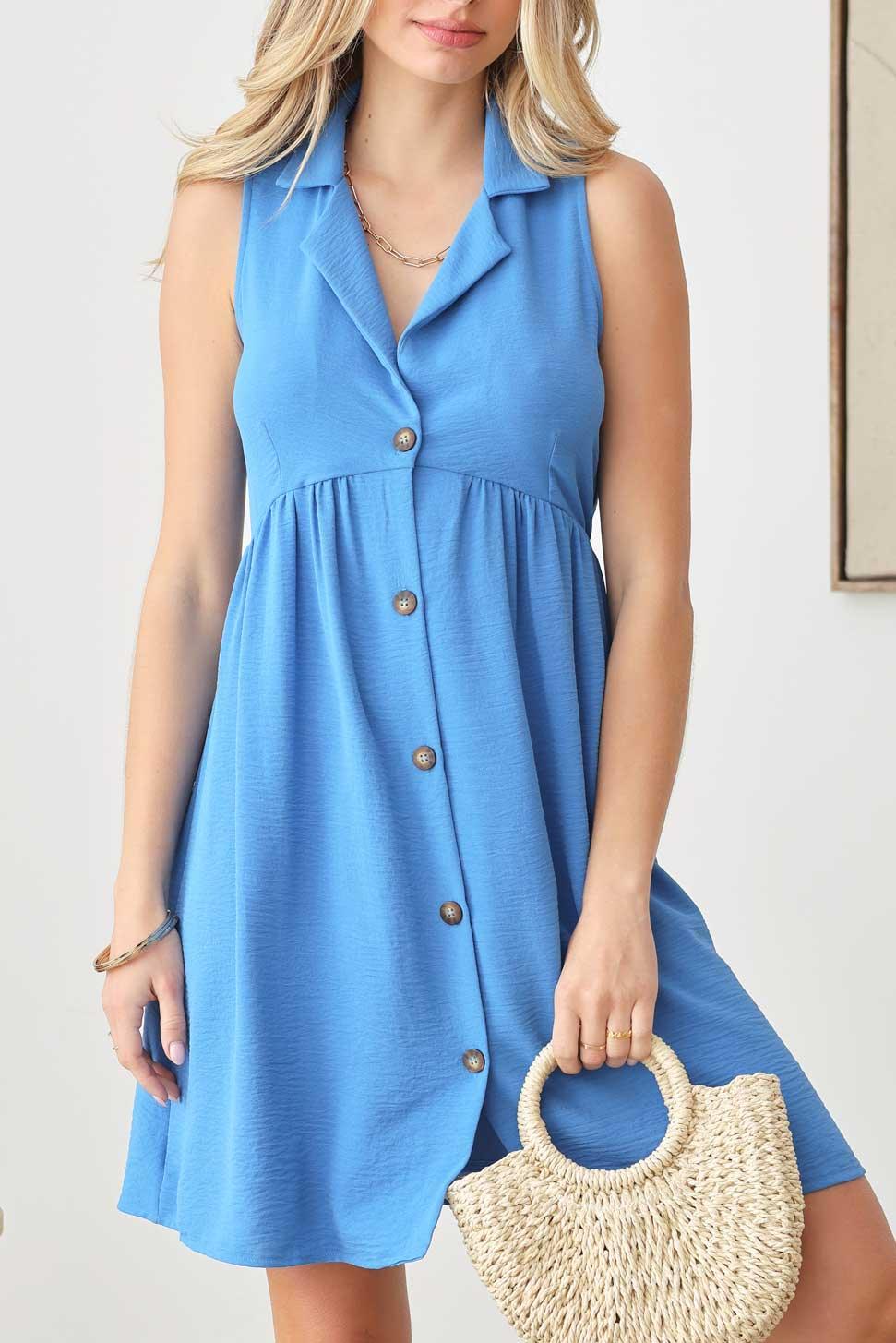 Solid Sleeveless Collared Button Down Dress - Tasha Apparel Wholesale