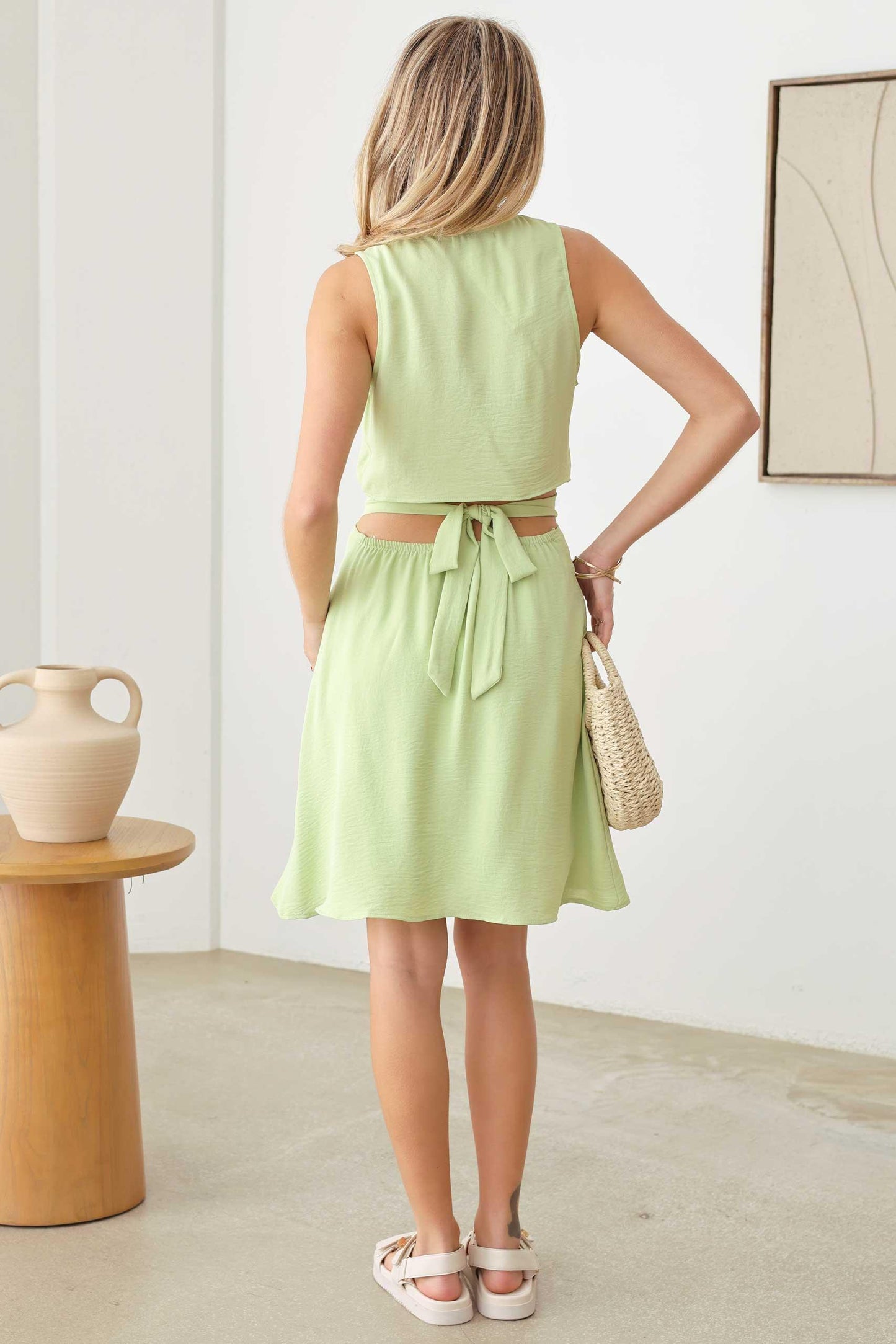 Sleeveless Front Tie Open Back Knee Length Dress - Tasha Apparel Wholesale
