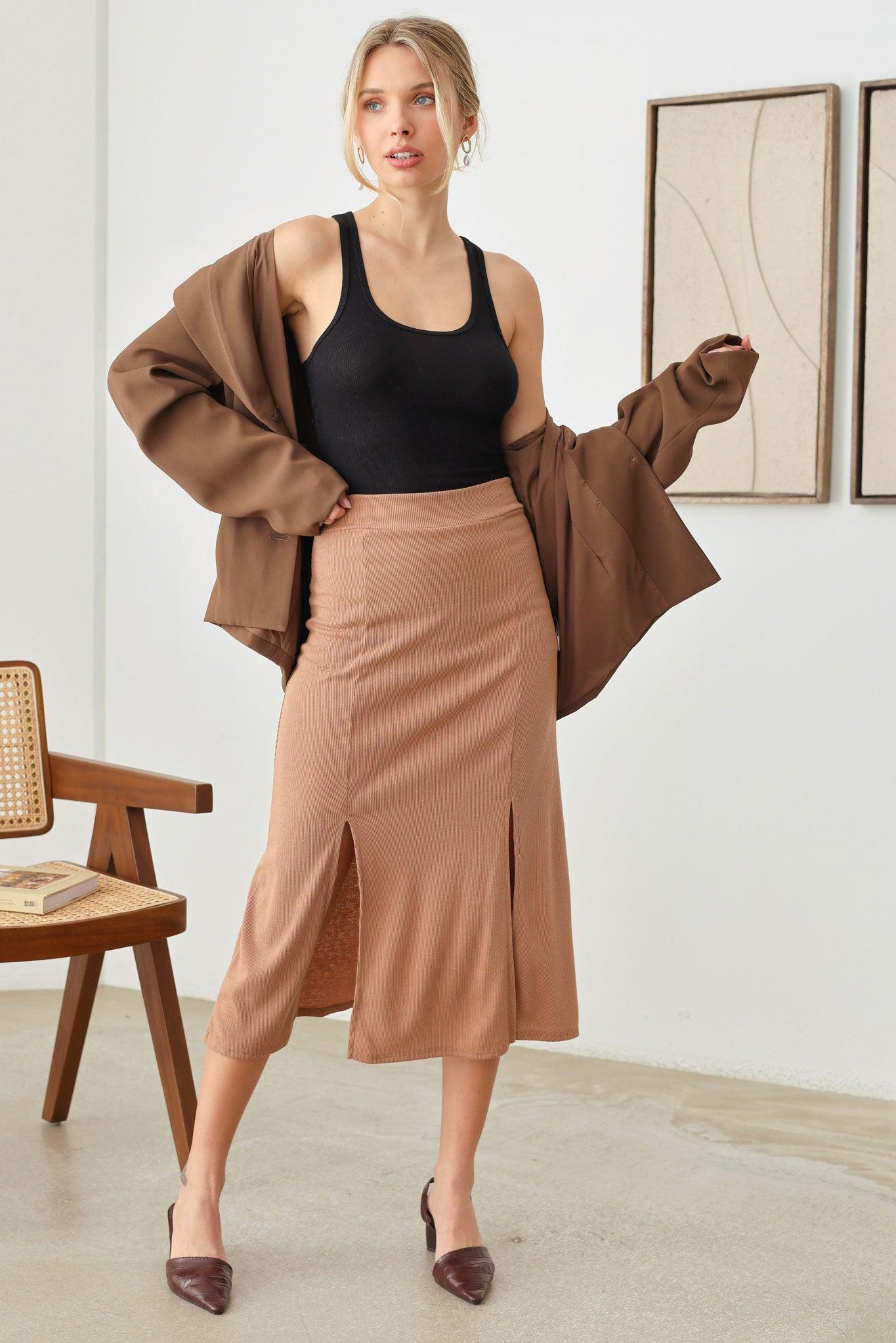 Ribbed Two Front Slit Midi Skirt - Tasha Apparel Wholesale