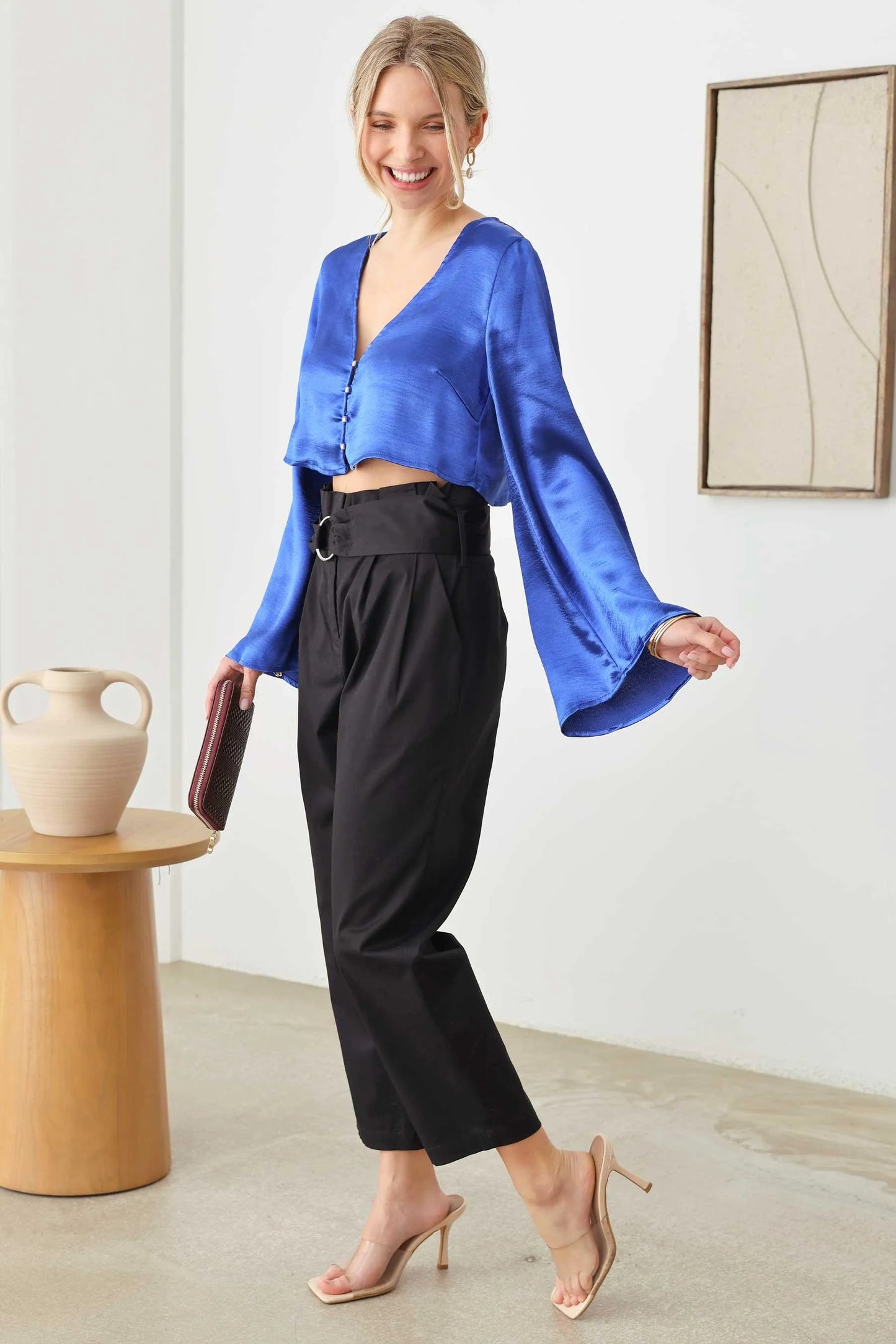Satin Rhinestone Buttons Closure Crop Top - Tasha Apparel Wholesale