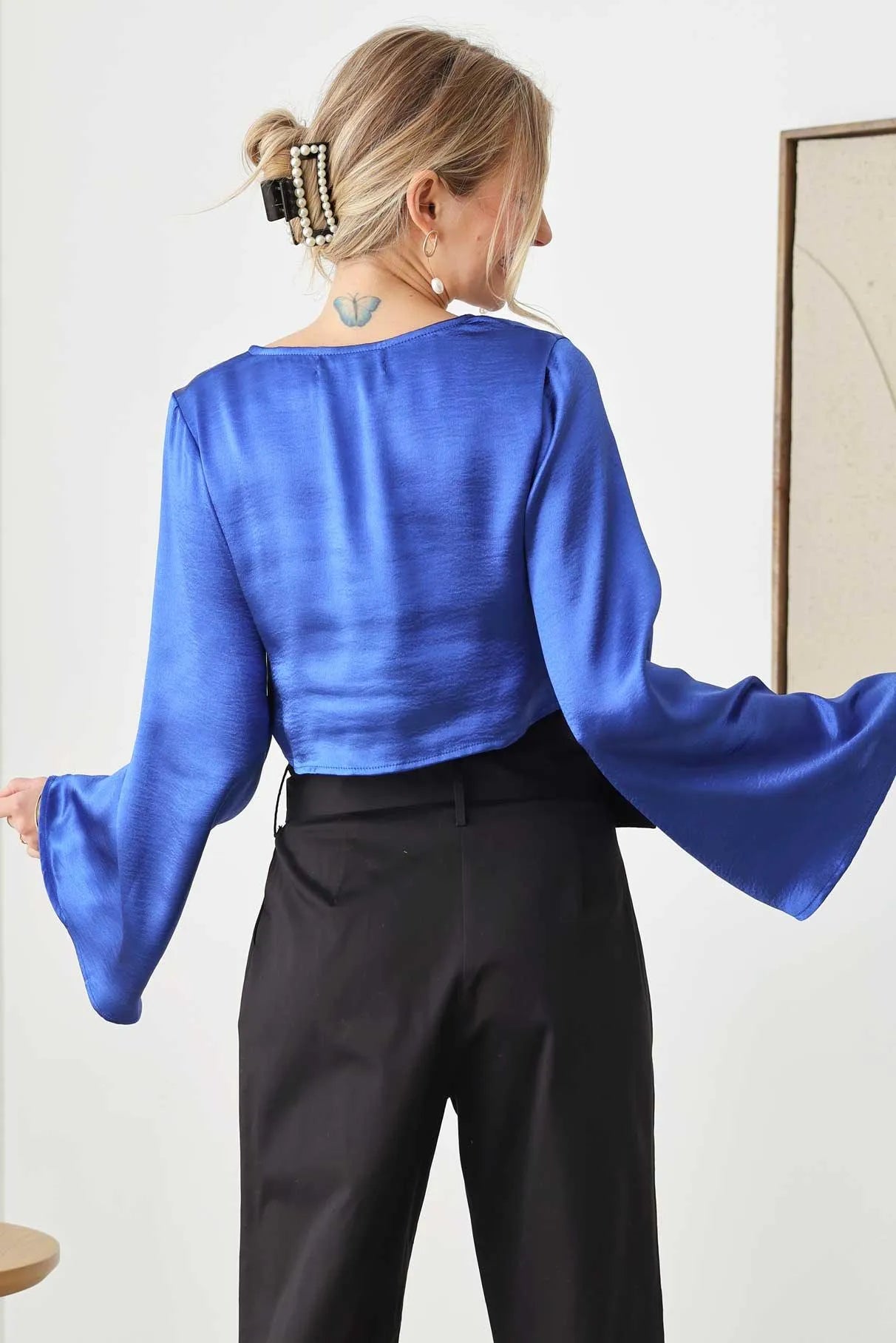 Satin Rhinestone Buttons Closure Crop Top - Tasha Apparel Wholesale