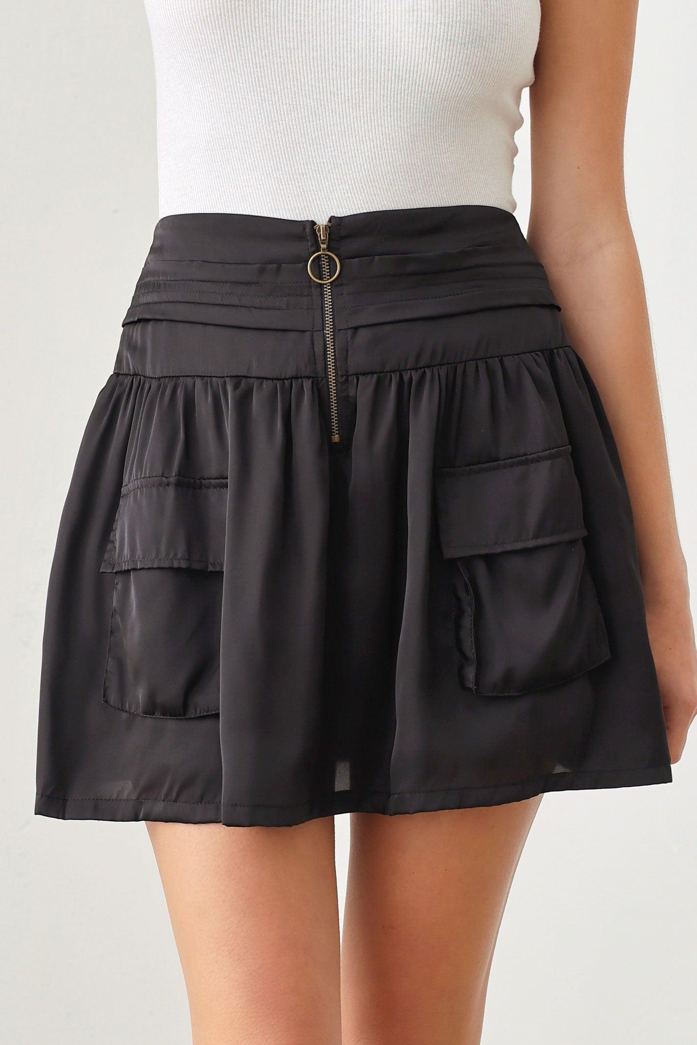 Front Out Pocket Zip Up Smocked Back Mini Skirt - Tasha Apparel Wholesale