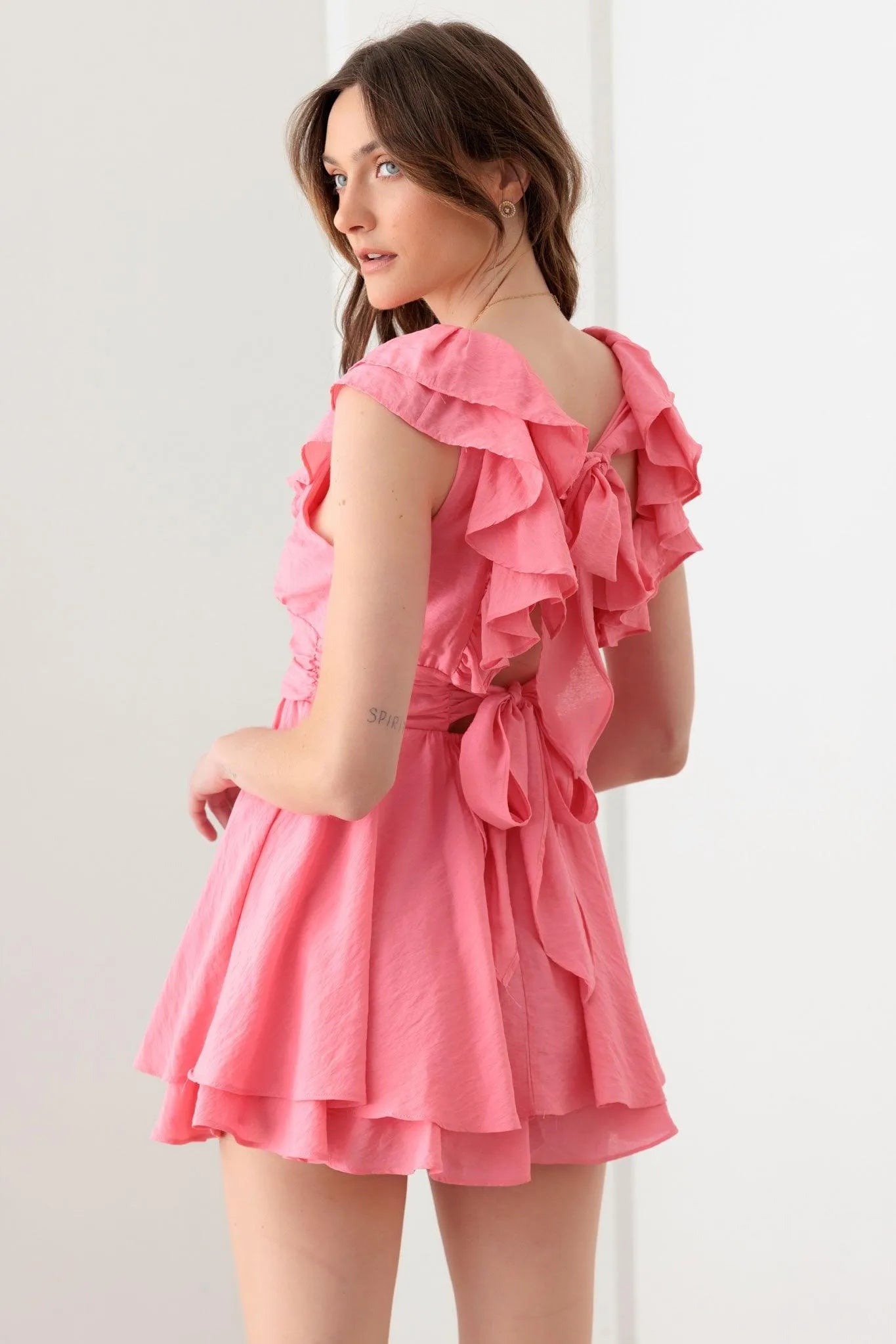 Doll Pink Ruffle Detail Front Button Romper Mini Dress Doll Pink Ruffle Detail Front Button Romper Mini Dress