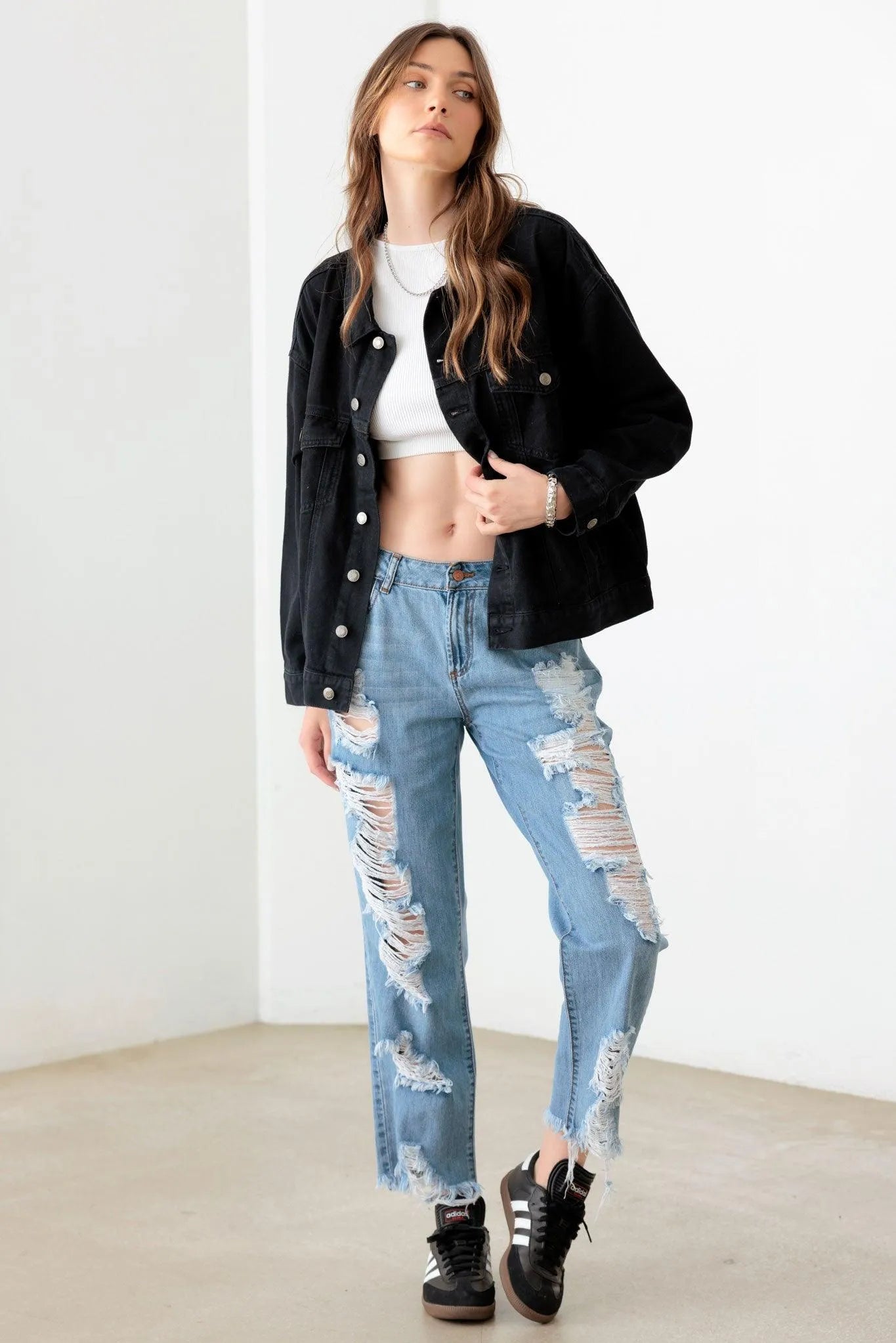 Black Cotton "EPIPHANY" Graphic Denim Jacket - Tasha Apparel Wholesale