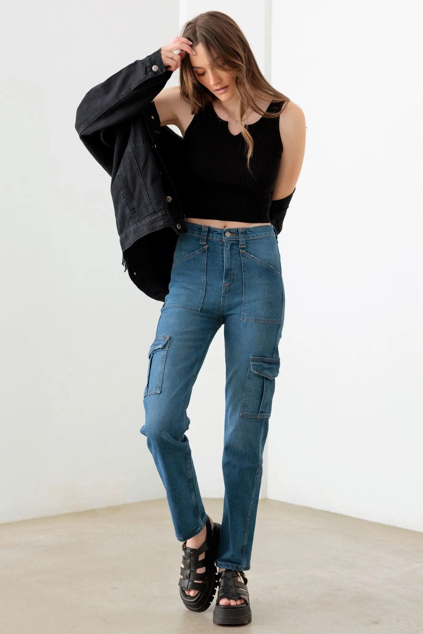 Dark Blue Cotton High Rise Wide Cargo Jeans - Tasha Apparel Wholesale