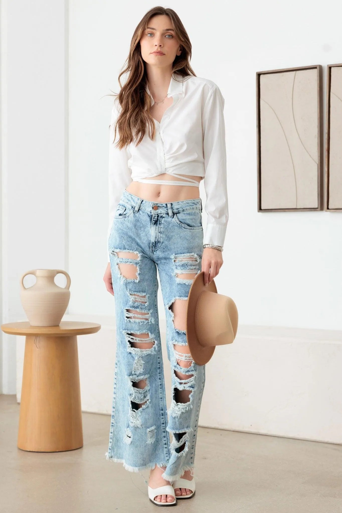 Distressed Flare Frayed Hem Denim Jeans - Tasha Apparel Wholesale