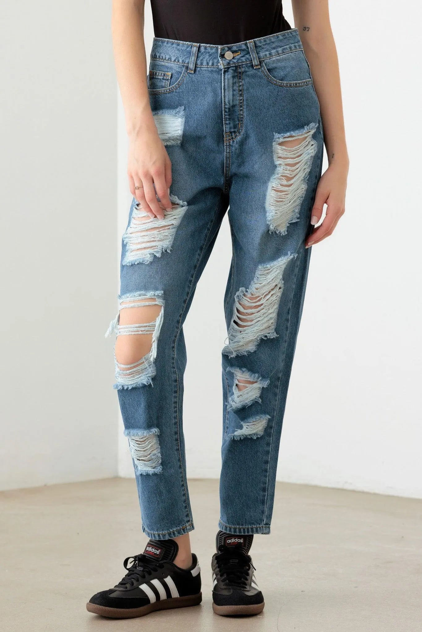 Destroyed High Waist Mom Style Fit Jeans - Tasha Apparel Wholesale