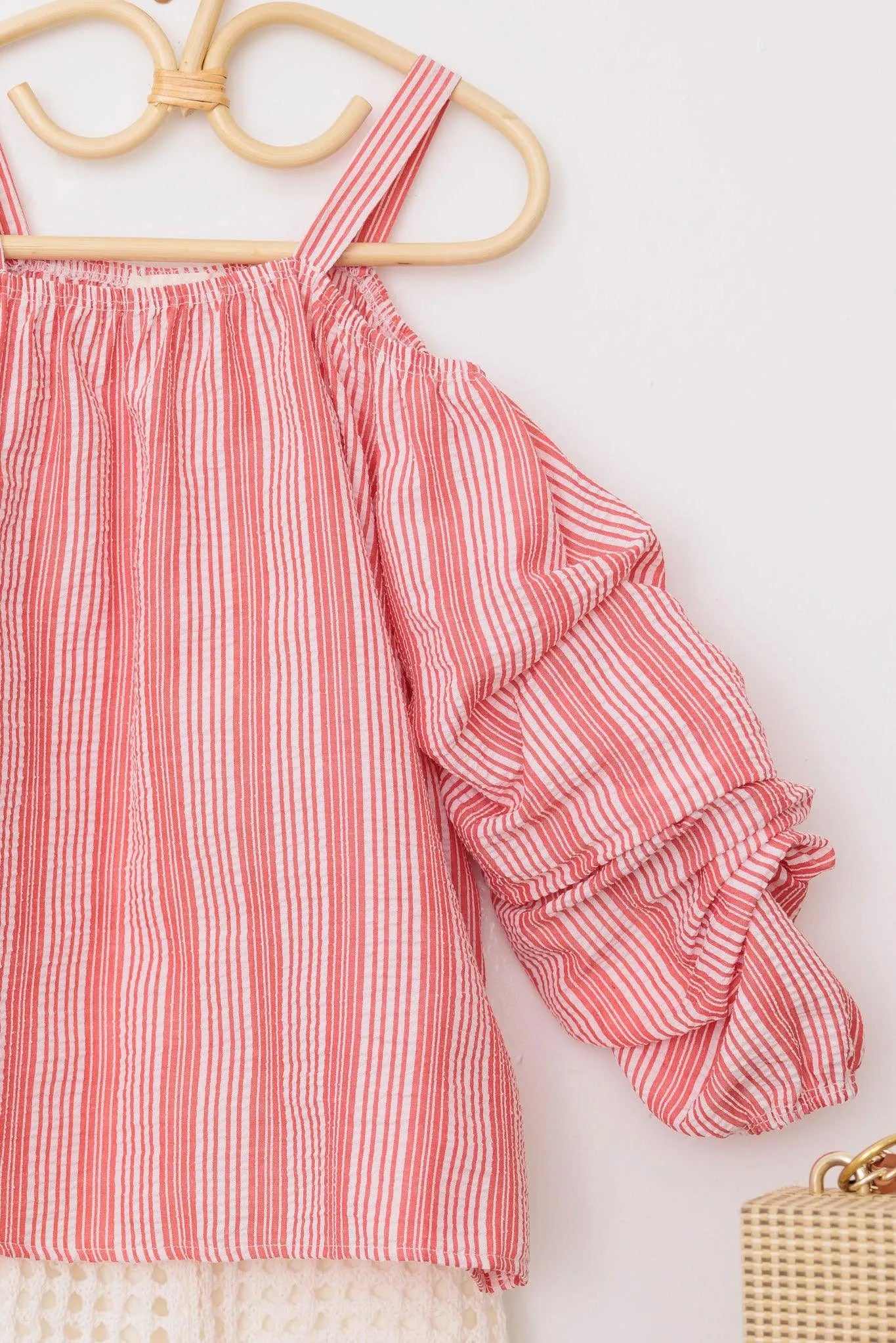 Girls Western Textured Striped Puff Ruffle Cold Shoulder Top - Tasha Apparel Wholesale