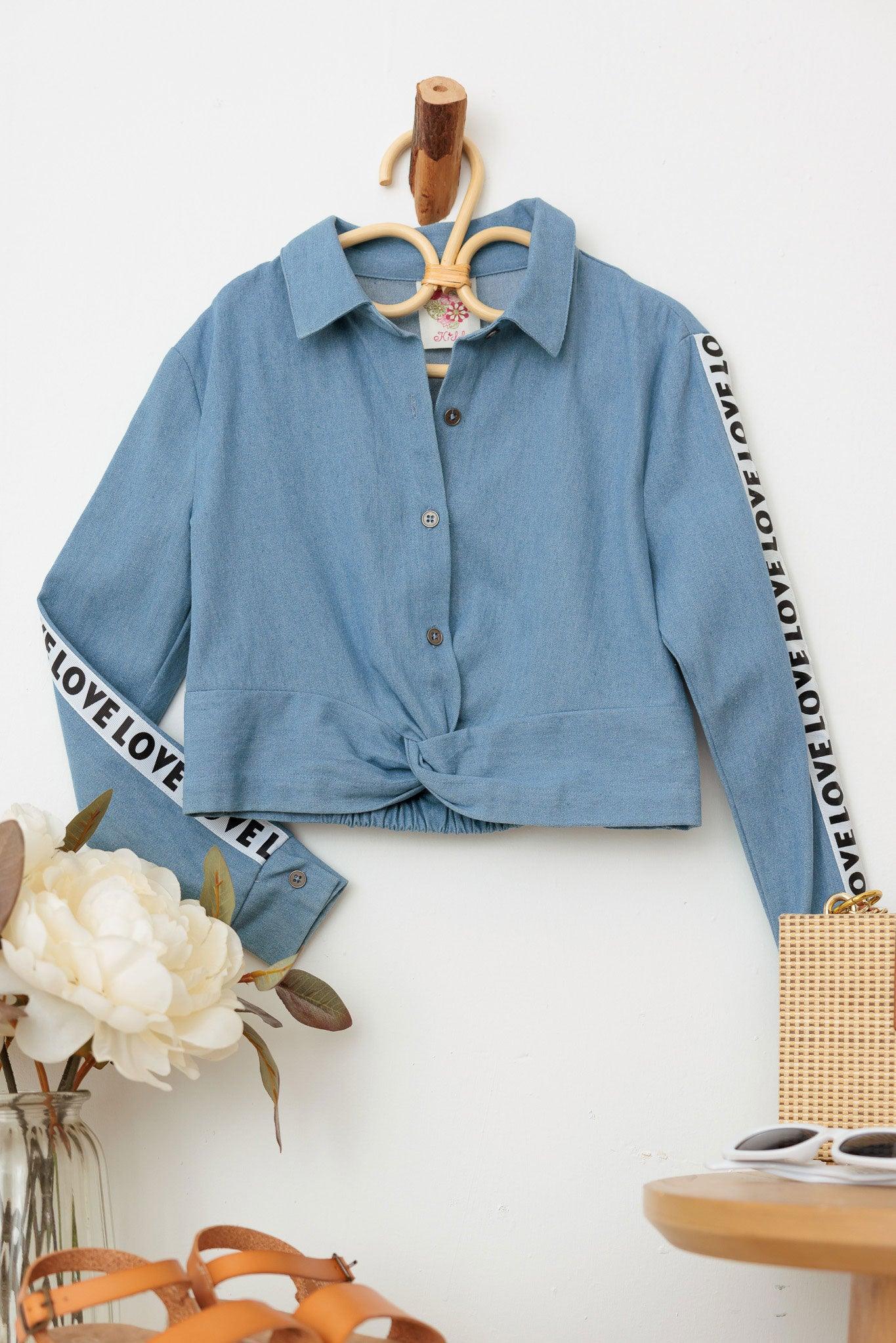 Girls Denim Button Up Twisted Hem Love Detail Crop Shirt - Tasha Apparel Wholesale