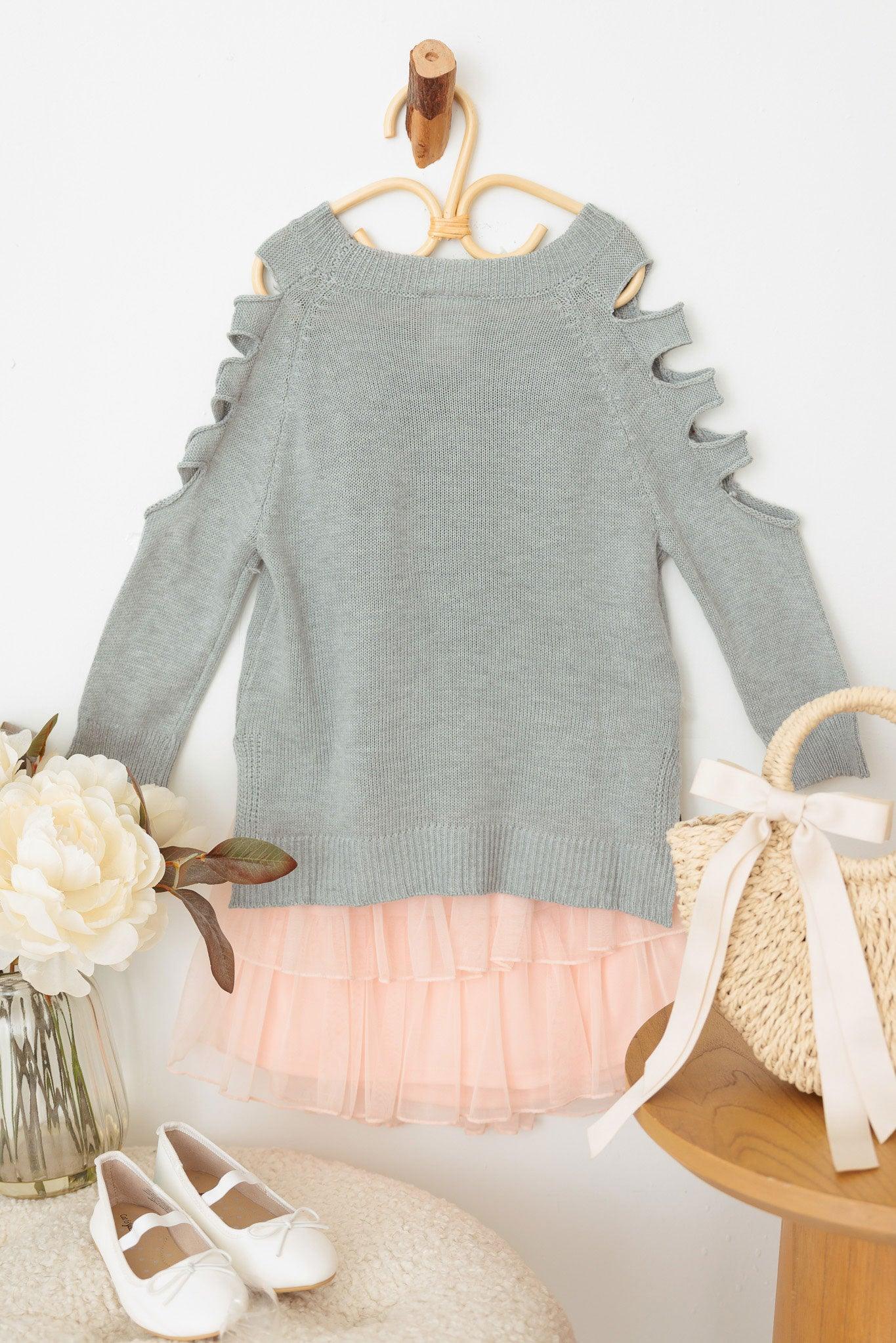 Girls Heart Print Cut-Out Sleeve Sweater - Tasha Apparel Wholesale