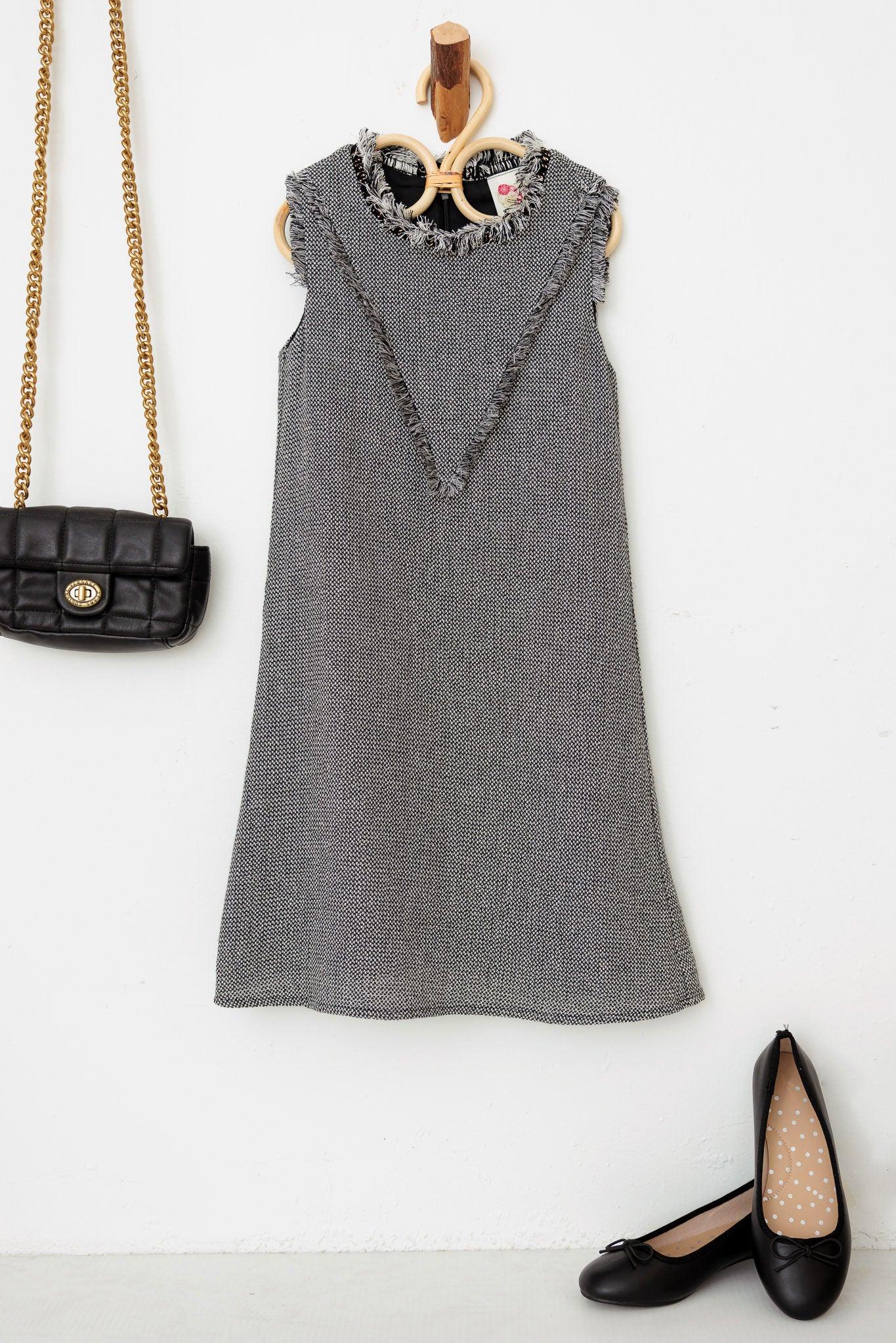 Girls Sleeveless Tweed Chain Neck-Line Fringe Dresses - Tasha Apparel Wholesale
