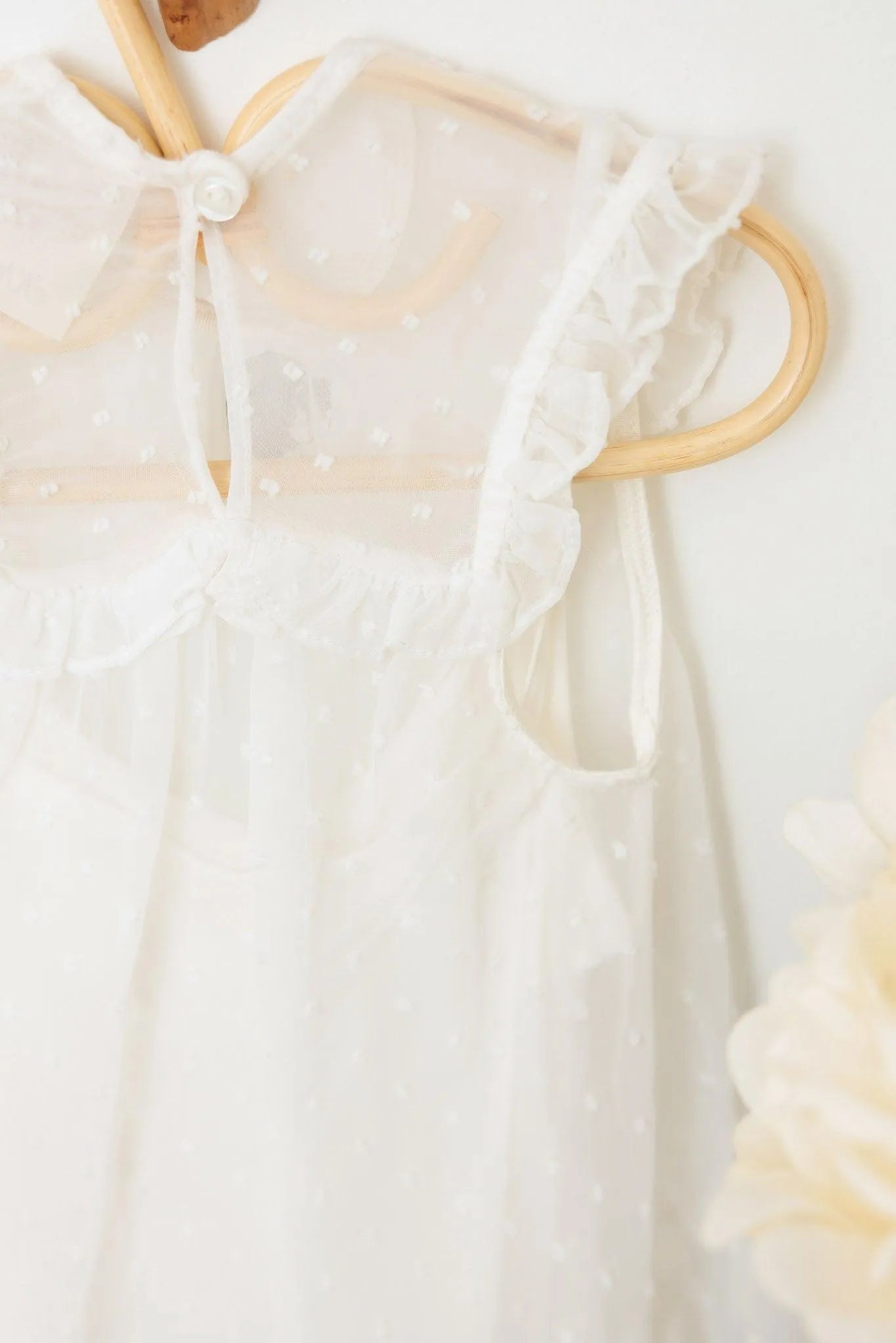 Girls White Swiss Dot Mesh Ruffle Neck-Line Top - Tasha Apparel Wholesale