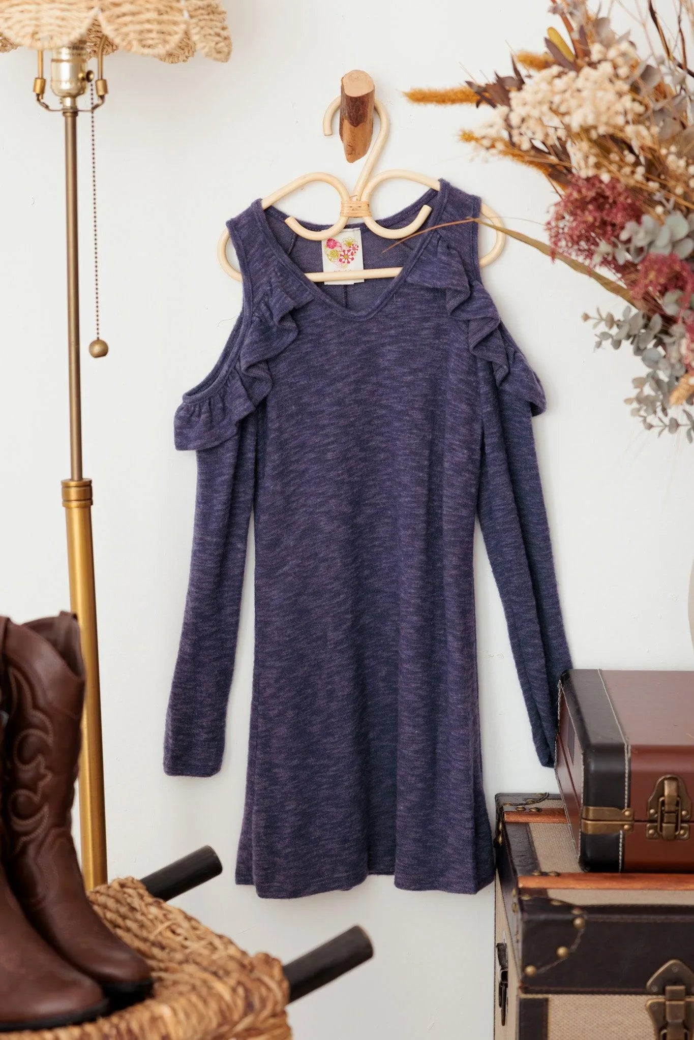 Girls Cold Shoulder Ruffle Long Sleeve Flowy Knit Dress Blue / L Girls Cold Shoulder Ruffle Long Sleeve Flowy Knit Dress Blue / L