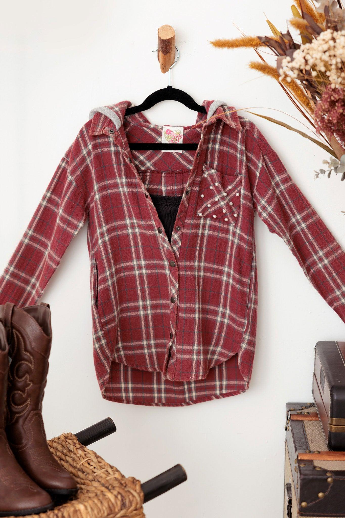 Girls Oversize Hooded Checkered Pearl Detail Shirt Top