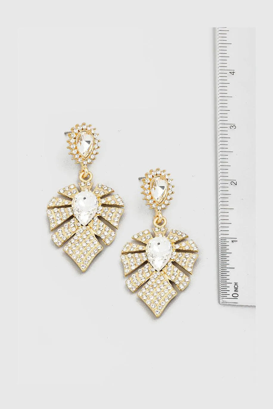 Elegant Pave Leaf Rhinestone Drop Dangle Omega Clip Earrings - Tasha Apparel Wholesale