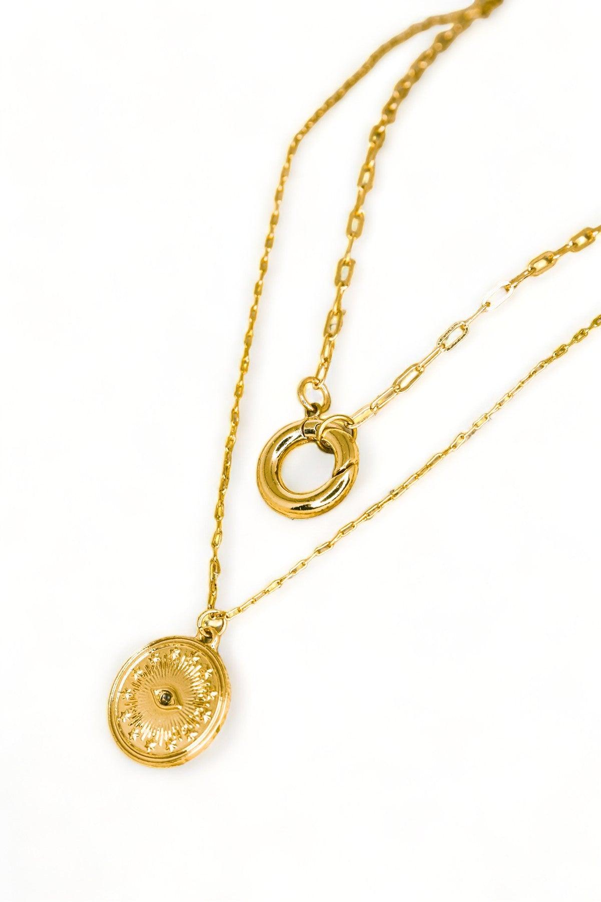 Gold Double Chin Evil Eye Coin Disc Pendant Necklace - Tasha Apparel Wholesale