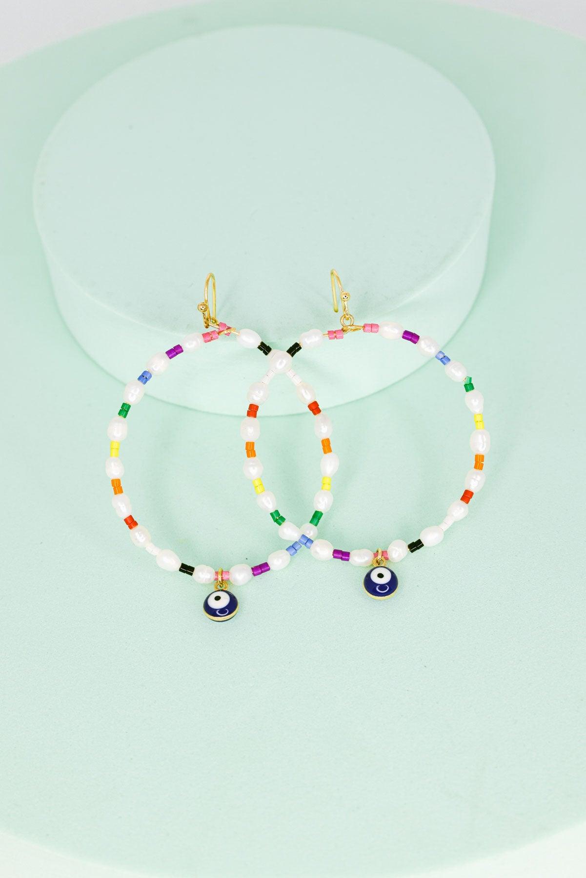 Evil Eye Stone Pearl With Seed Beads Metal Hoop Earrings - Tasha Apparel Wholesale