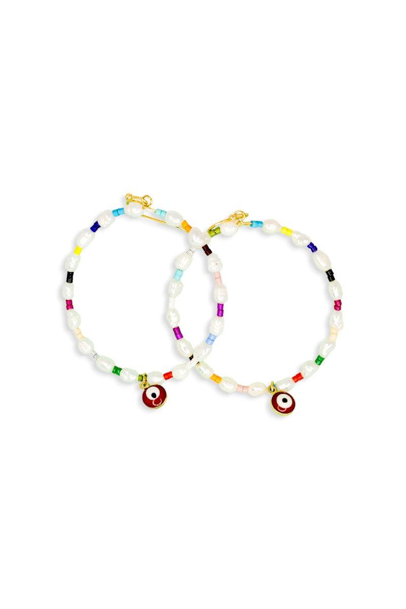 Evil Eye Stone Pearl With Seed Beads Metal Hoop Earrings - Tasha Apparel Wholesale