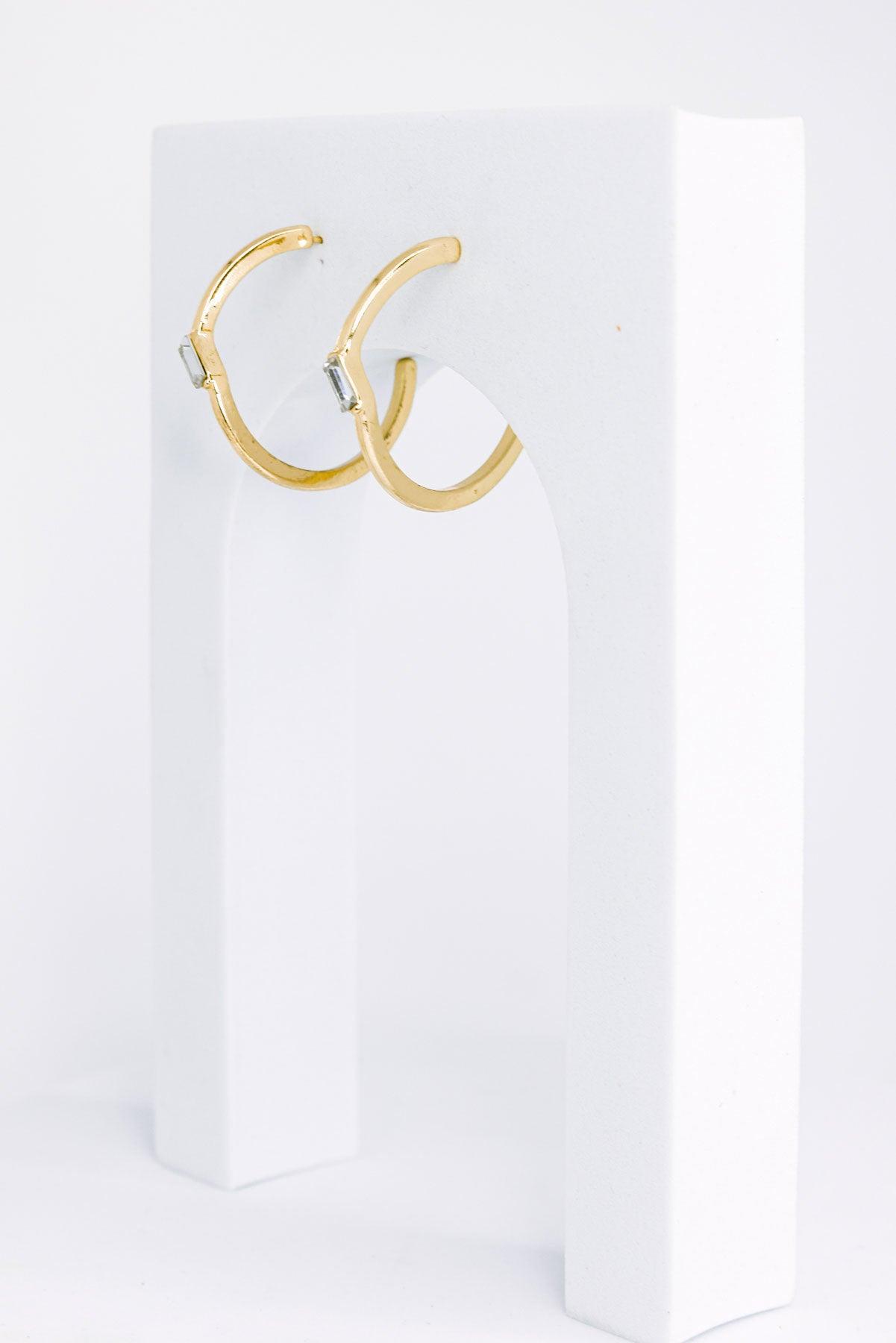 Baguette Rhinestone Round Open Hoop Gold Earrings - Tasha Apparel Wholesale