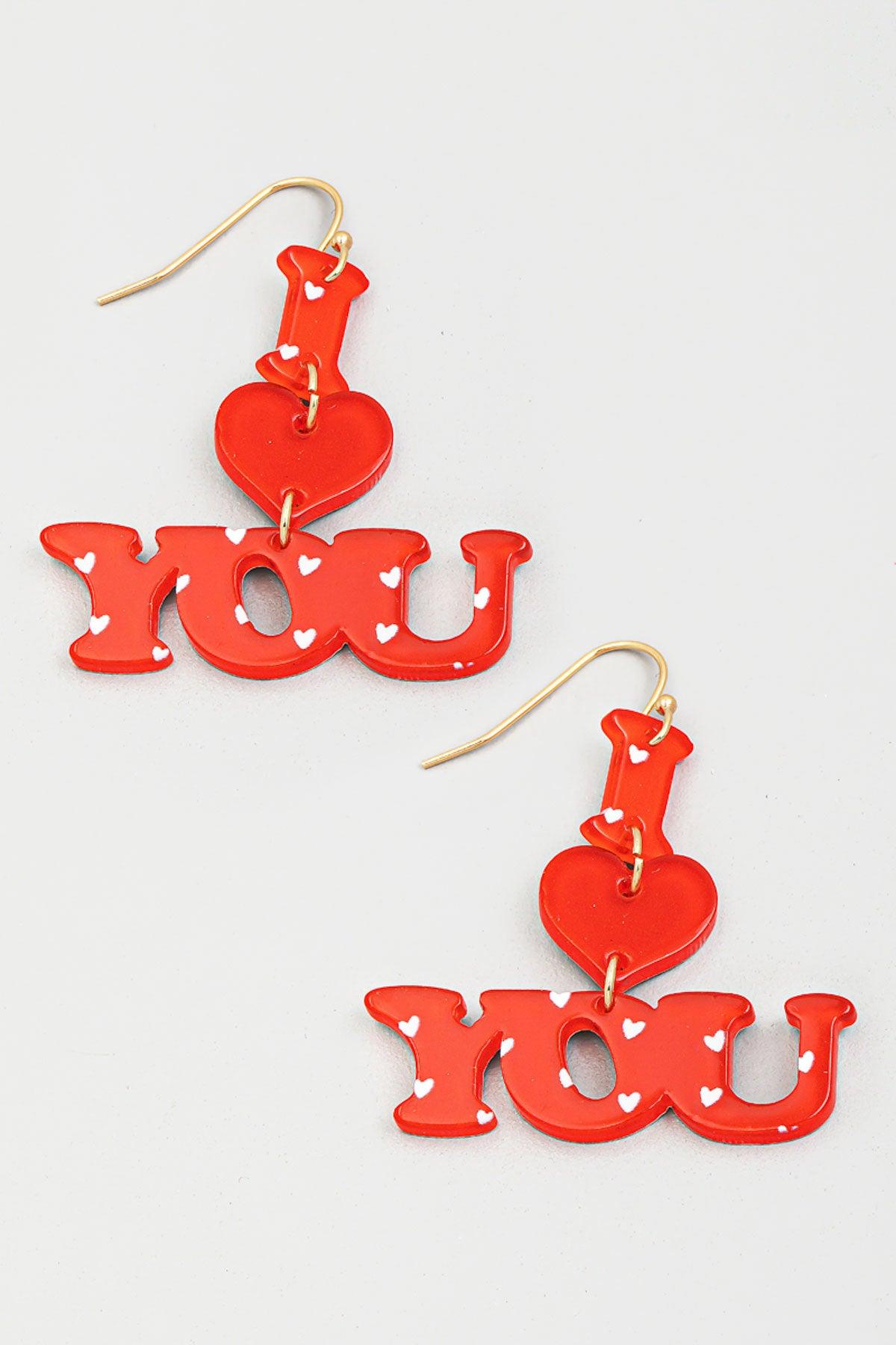 Glossy Acrylic I Love You Print Valentines Drop Earrings - Tasha Apparel Wholesale