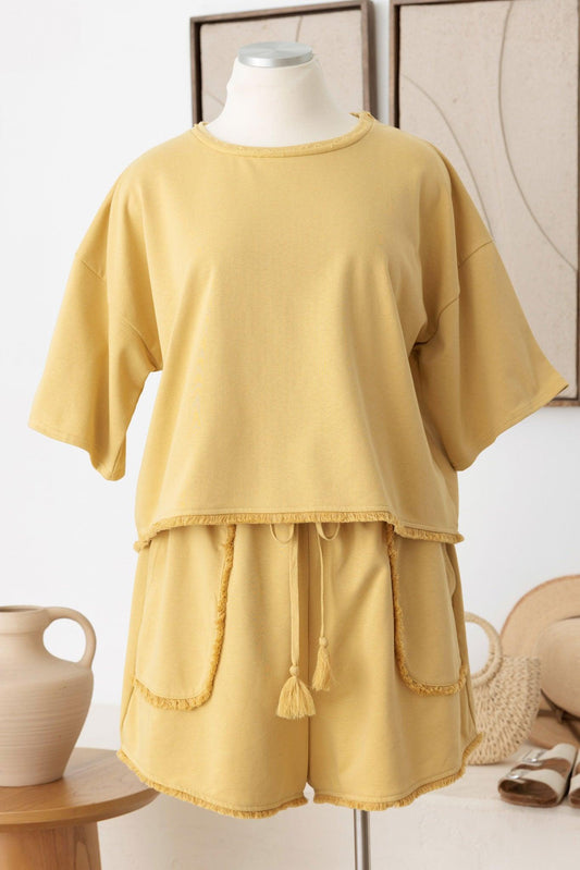 Plus Size Short sleeve Fringe Hem Sweatshirt & Front Pocket Short Set - Tasha Apparel Wholesale