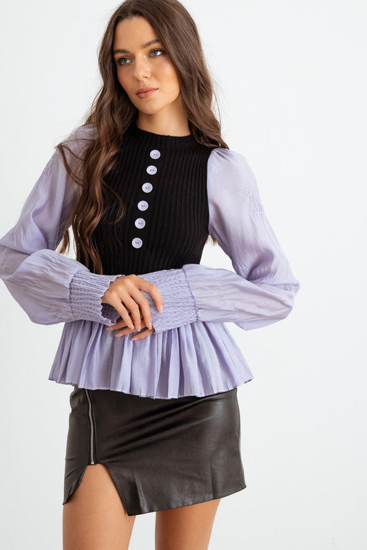 Lilac & Black Ribbed Bodice Button-Up Pleated Hem Shirt front