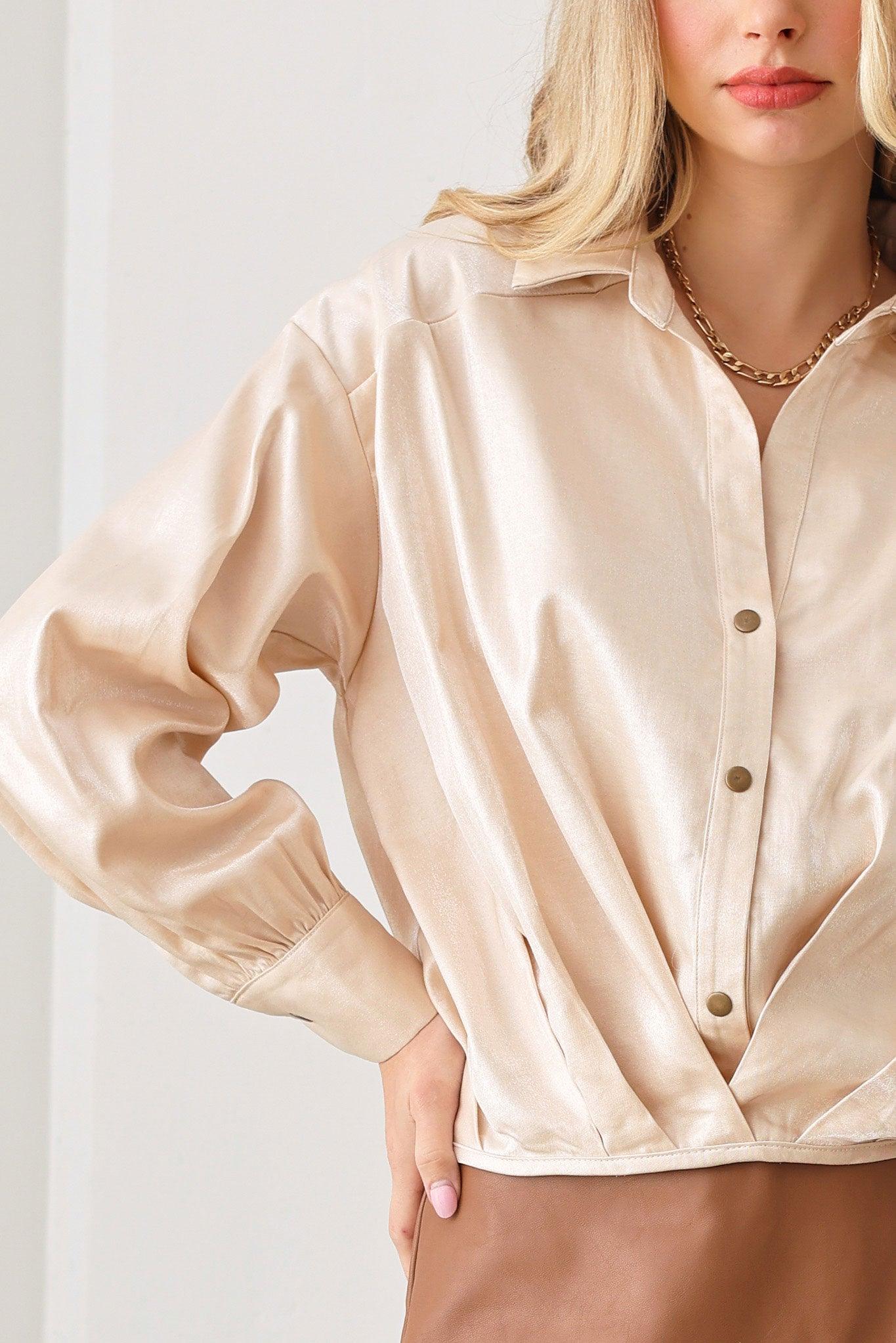 Glossy Satin Button Up Long Sleeve Shirt - Tasha Apparel Wholesale