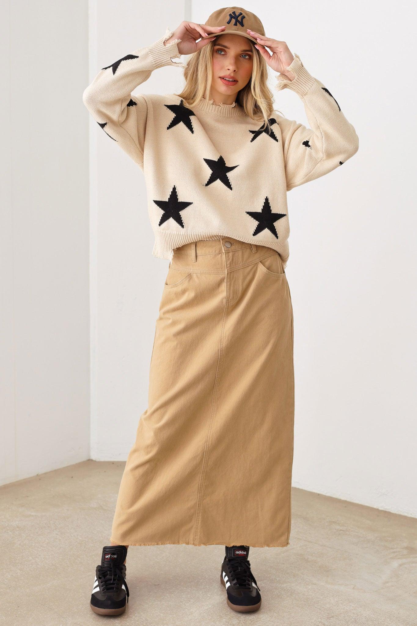 Star Printed Frayed Detail Long Sleeve Sweater - Tasha Apparel Wholesale