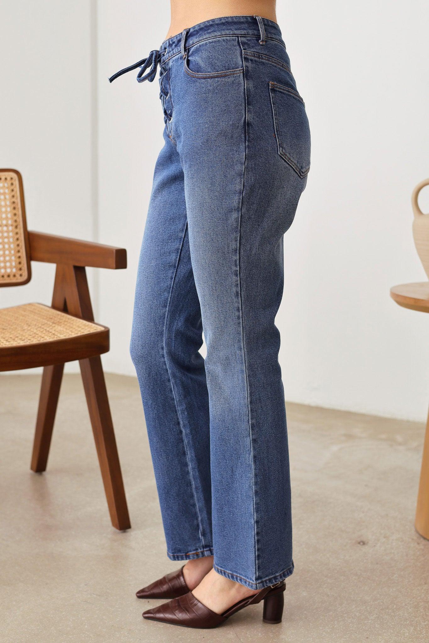 Bootcut Leg Front Tie Four Pocket Stretchy Denim Pants - Tasha Apparel Wholesale